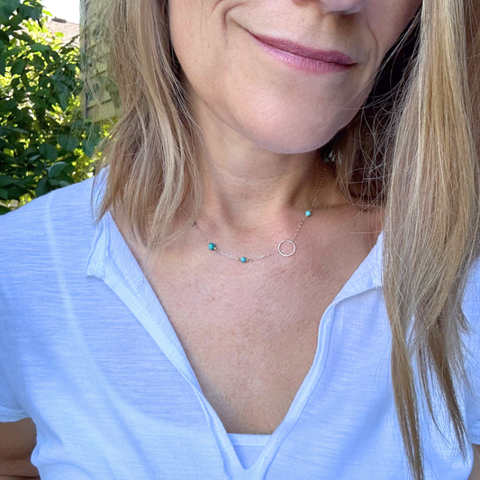 Tuquoise Joy - Dainty Sterling Silver and Gold Hoop Turquoise Choker Necklace