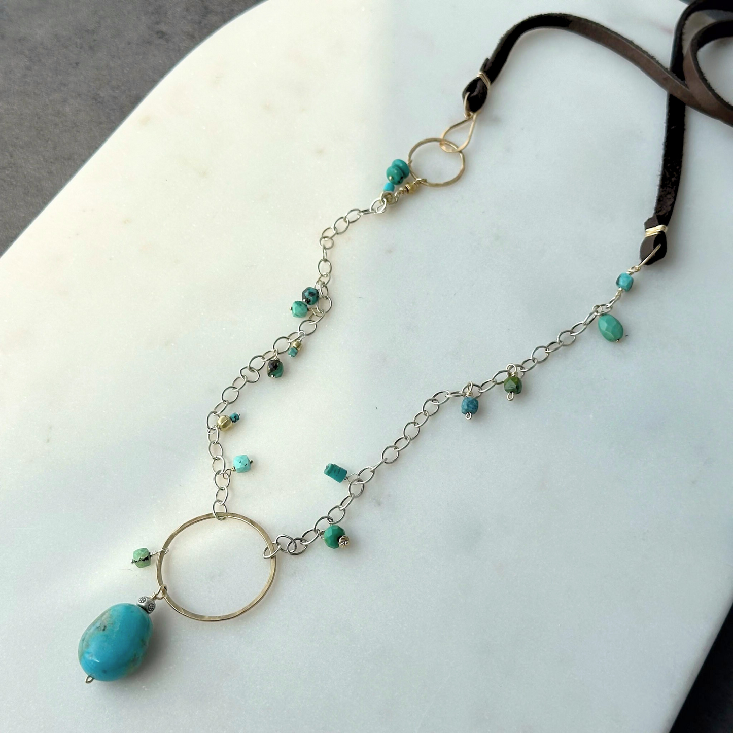True North - Boho Leather and Sterling Silver and Turquoise Necklace