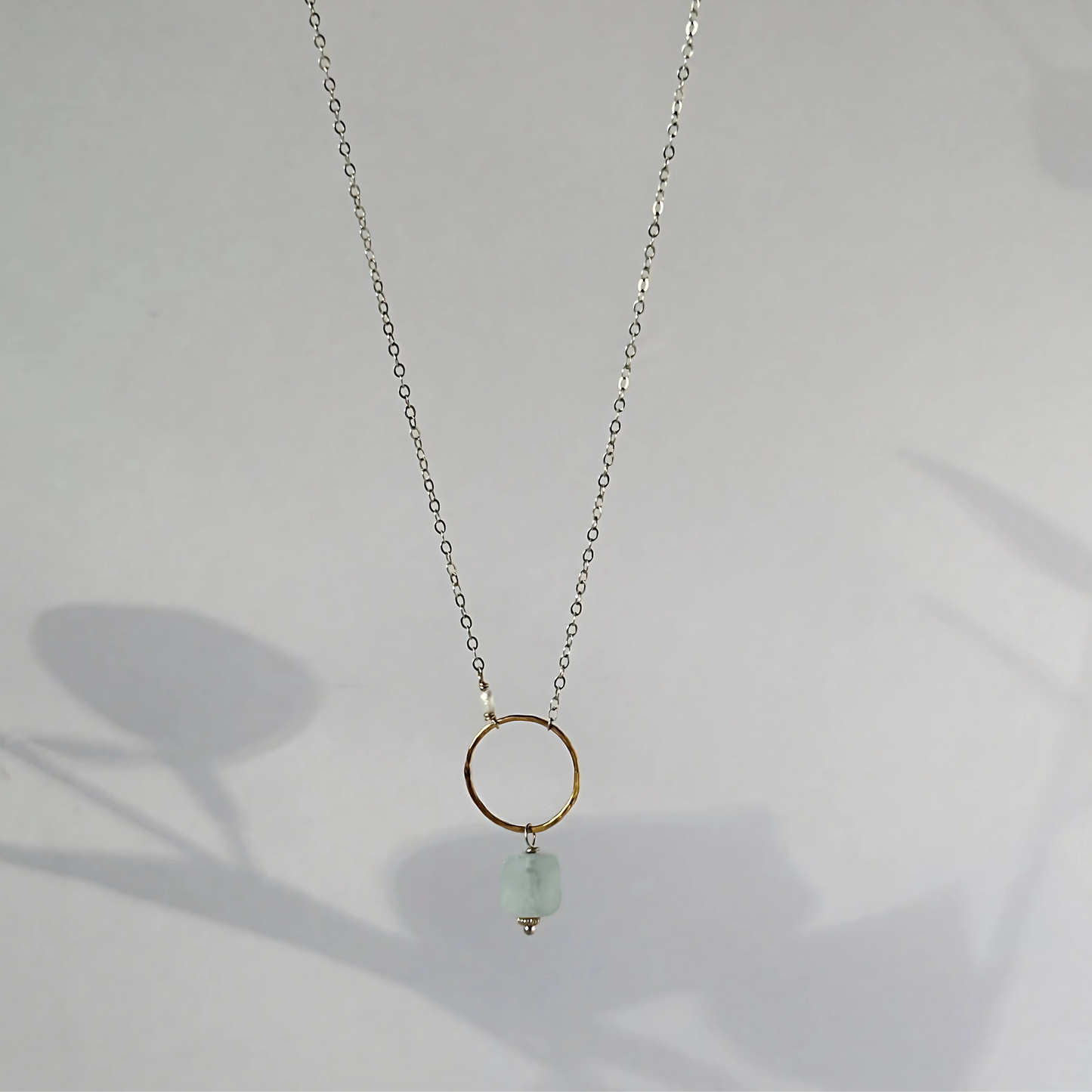 Bonded by Light - Dainty Aquamarine Sterling Silver and Gold Hoop Necklace