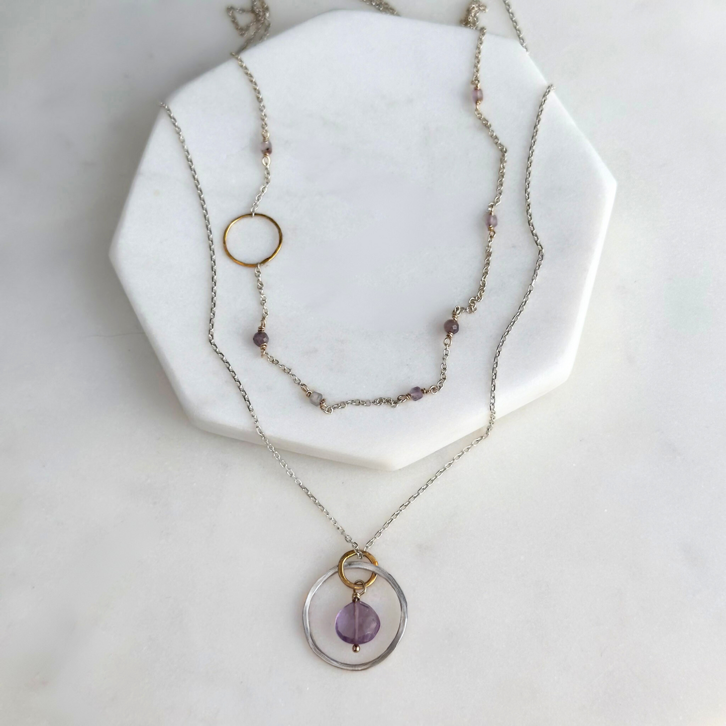Tranquil Starlight - Layered Amethyst and Sapphire Sterling Silver and Gold Necklace