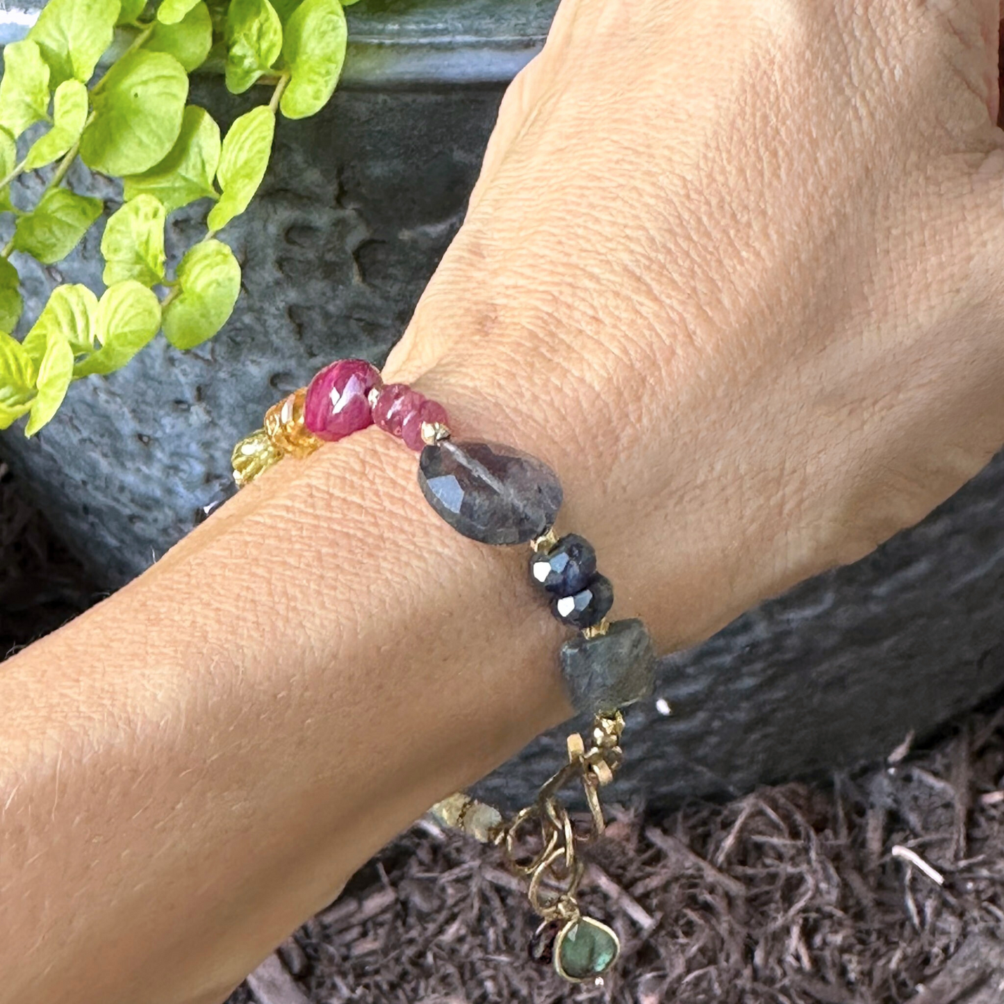 Radiant Mosaic - Gold-Filled Ruby, Citrine, Labradorite, Chocolate Moonstone & Pearl Bracelet