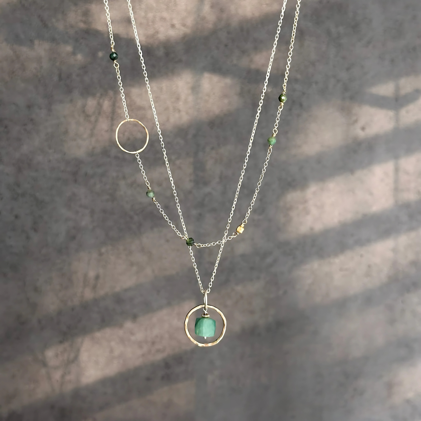 Inspired Serenity - Layered Emerald Sterling Silver and Gold Hoop Necklace