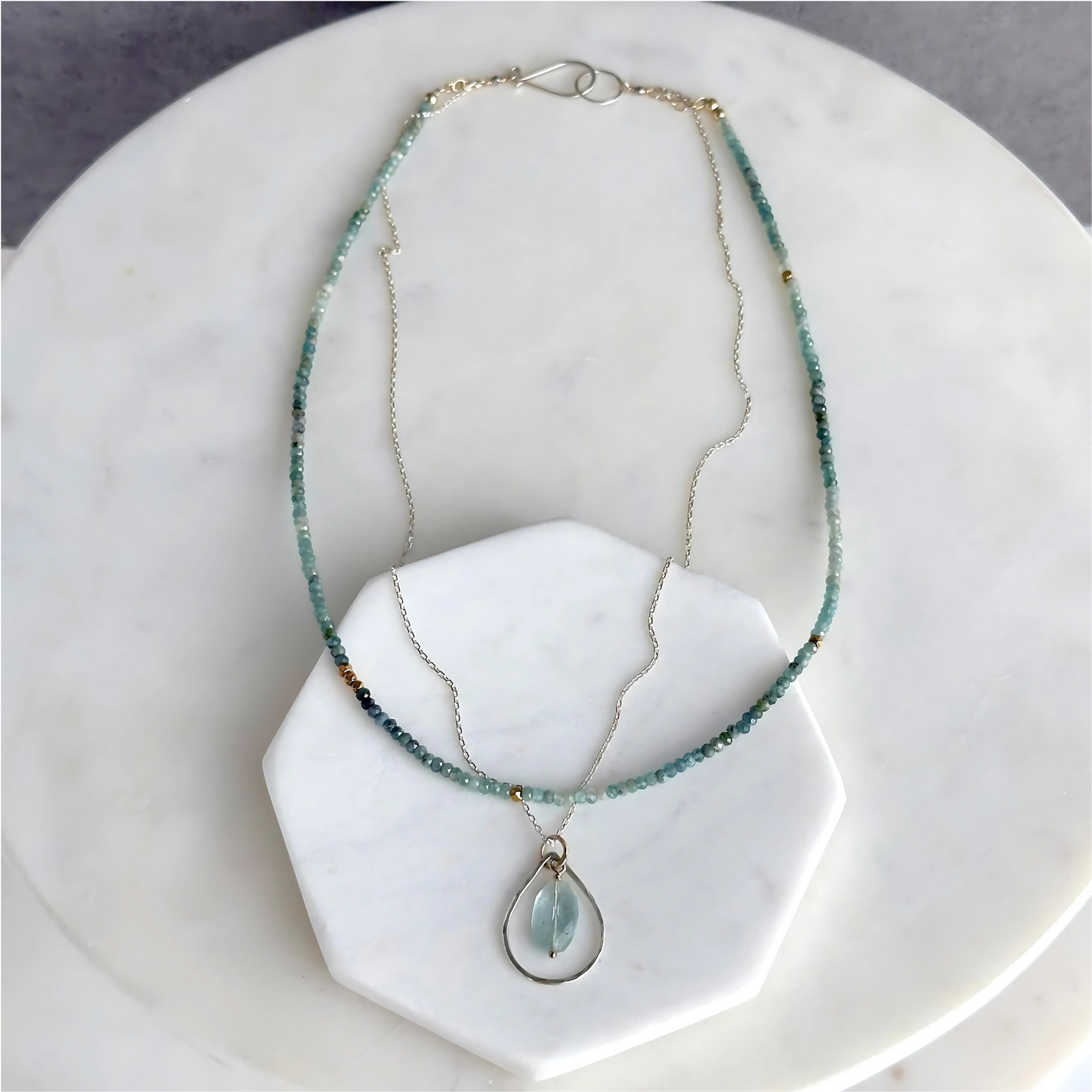 Ocean Blue - Layered Blue Tourmaline and Aquamarine Sterling Silver and Gold Necklace