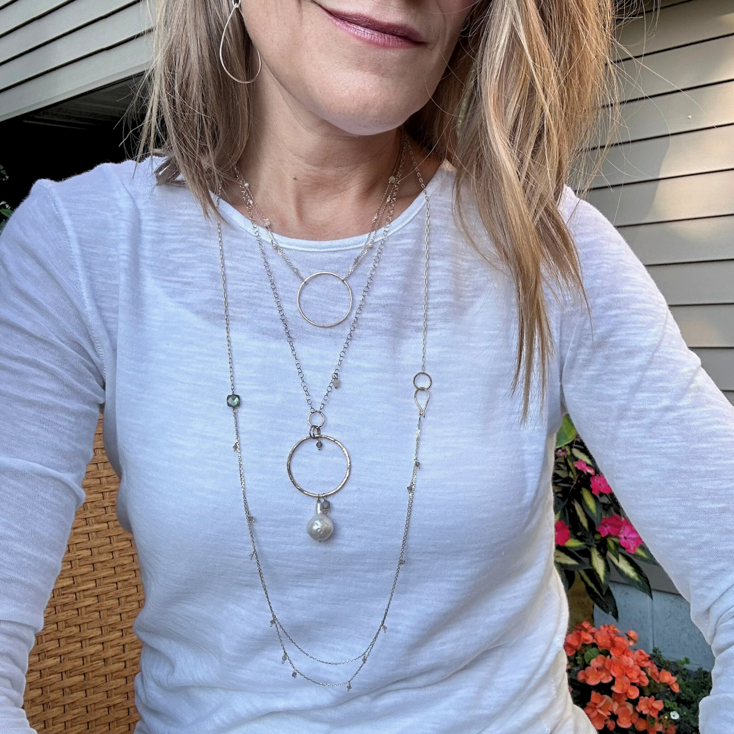 A Drop of Wisdom - Freshwater Pearl and Labradorite Silver and Gold Necklace