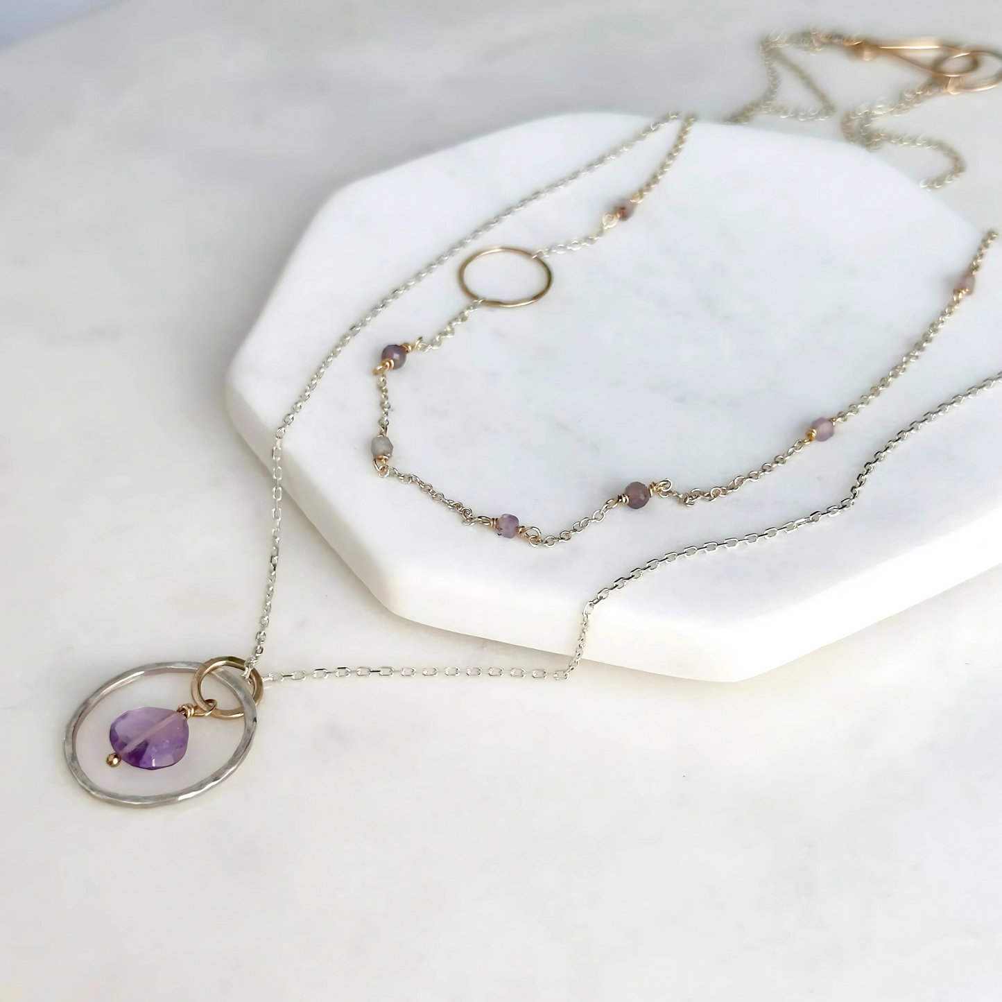 Tranquil Starlight - Layered Amethyst and Sapphire Sterling Silver and Gold Necklace