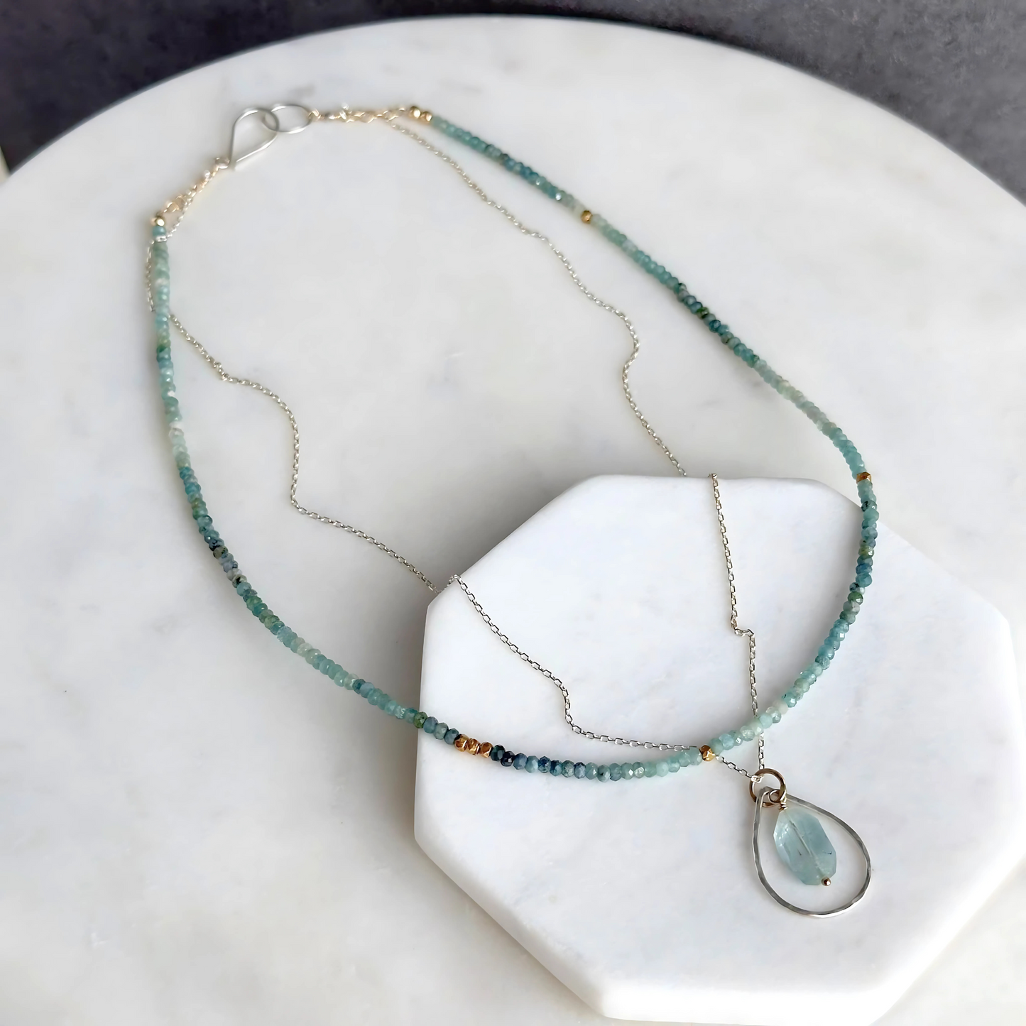 Ocean Blue - Layered Blue Tourmaline and Aquamarine Sterling Silver and Gold Necklace