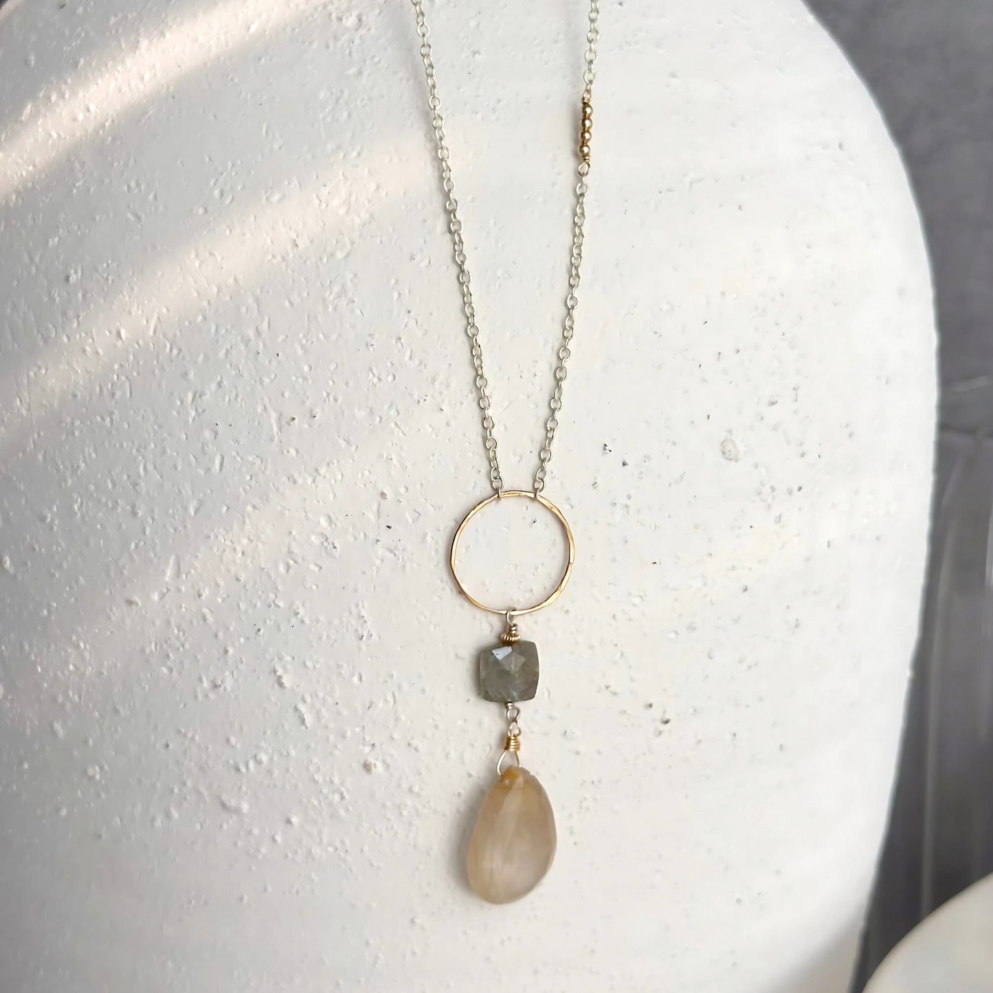 Golden Light Lariat - Sterling Silver Labradorite & Rutilated Quartz Lariat Necklace
