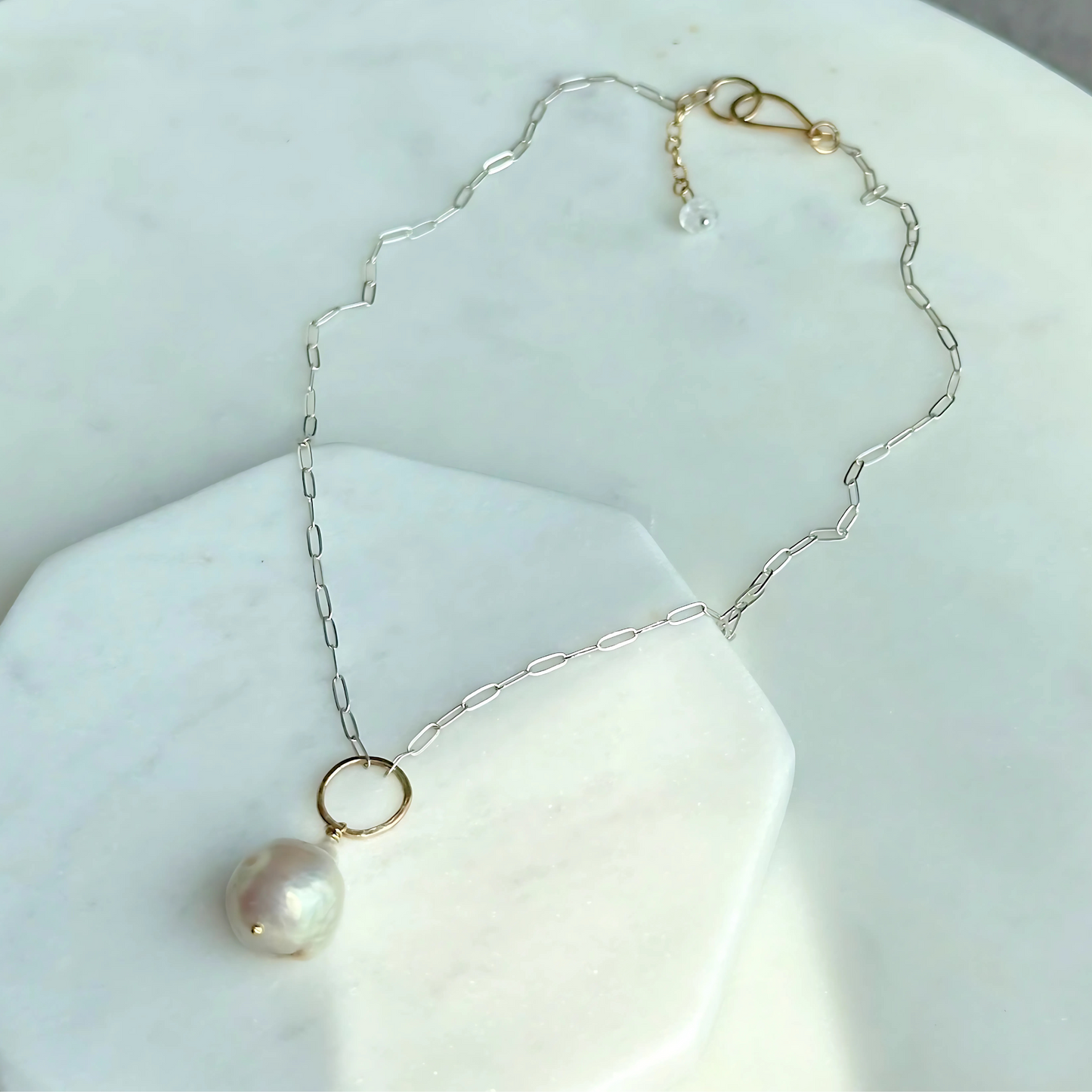 Elegant Whisper - Sterling Silver and Gold Hoop Freshwater Pearl Necklace