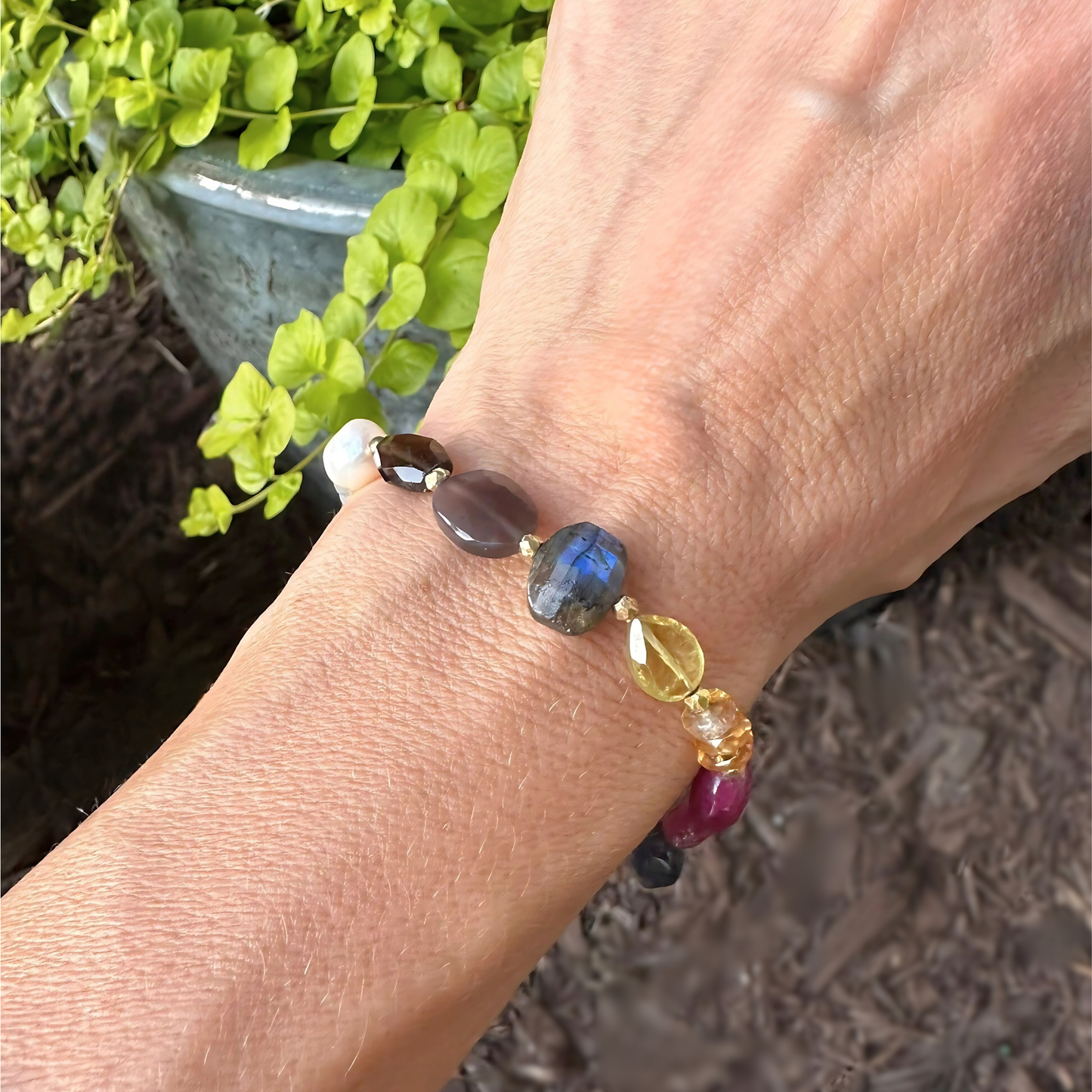 Radiant Mosaic - Gold-Filled Ruby, Citrine, Labradorite, Chocolate Moonstone & Pearl Bracelet