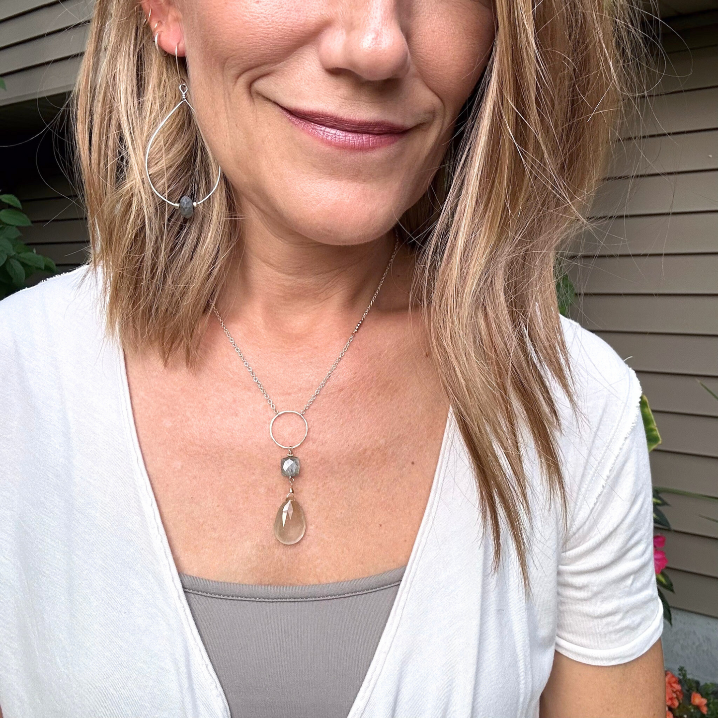 Golden Light Lariat - Sterling Silver Labradorite & Rutilated Quartz Lariat Necklace