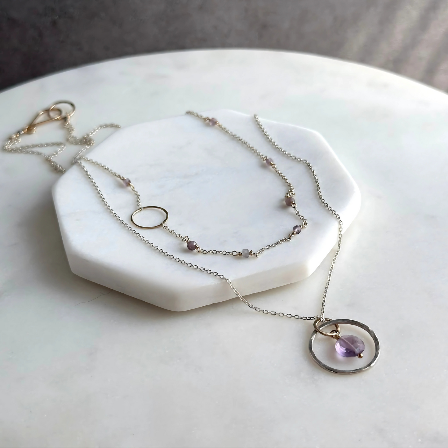 Tranquil Starlight - Layered Amethyst and Sapphire Sterling Silver and Gold Necklace