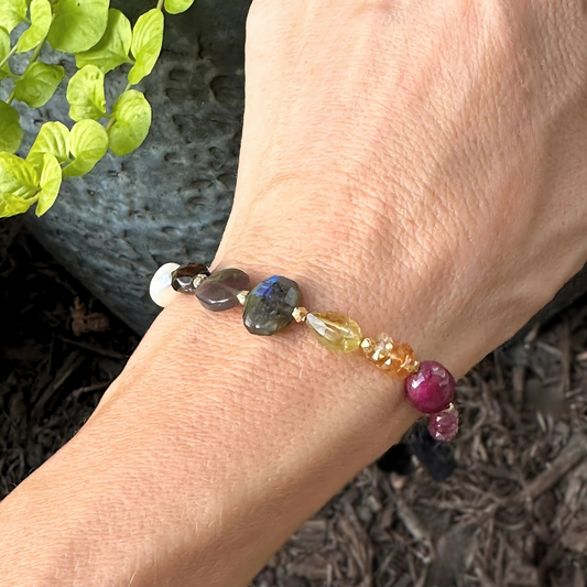 Radiant Mosaic — Ruby, Citrine, Labradorite, Chocolate Moonstone & Pearl Bracelet
