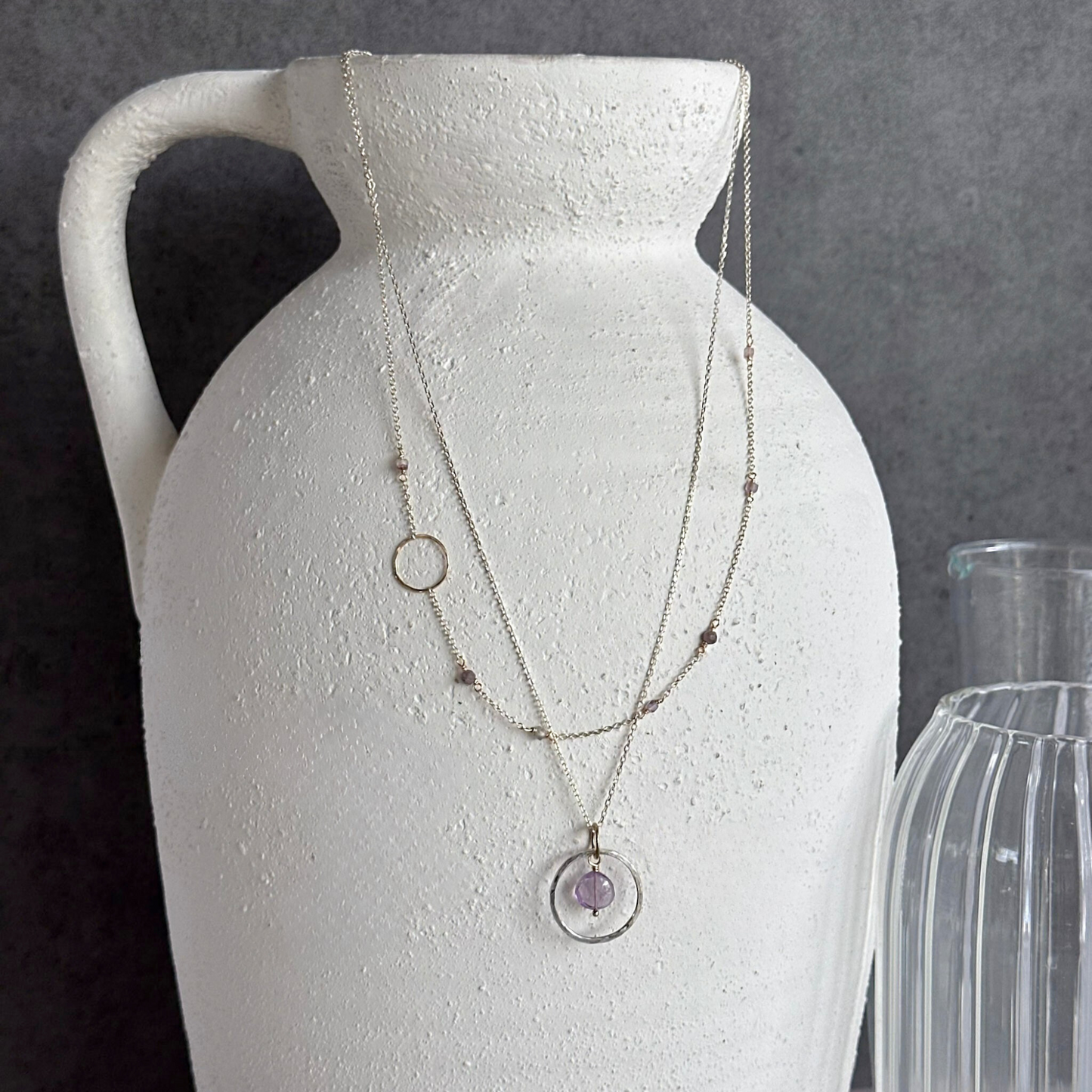 Tranquil Starlight - Layered Amethyst and Sapphire Sterling Silver and Gold Necklace
