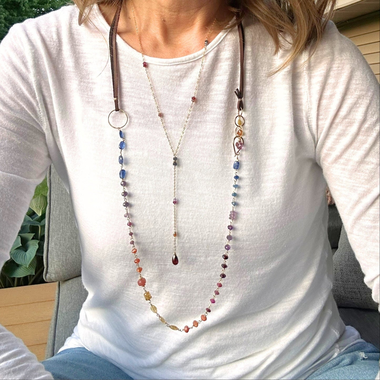 Beautiful Human | Boho Leather with Kyanite, Amethyst, Pink Tourmaline & Sunstone Necklace