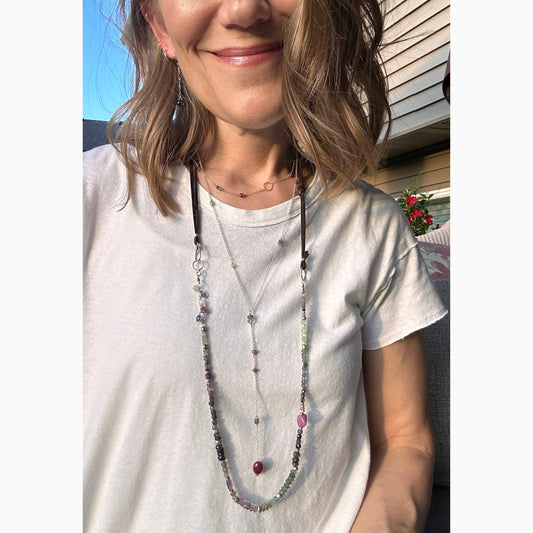 First Light | SS Lariat with Prehnite, Pink & Purple Sapphire, Moss Aquamarine, Iolite & Oval Ruby