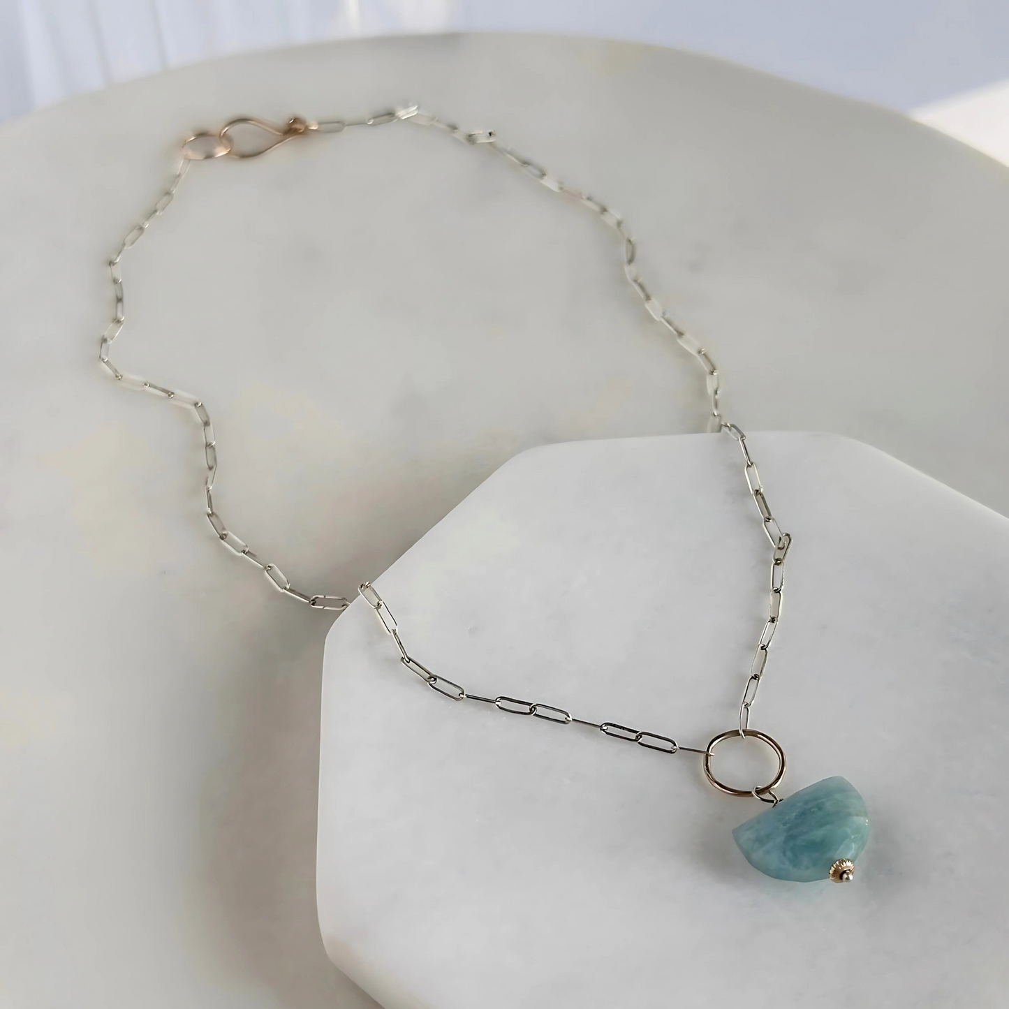 Ocean Serenity - Aquamarine Sterling Silver and Gold Hoop Necklace