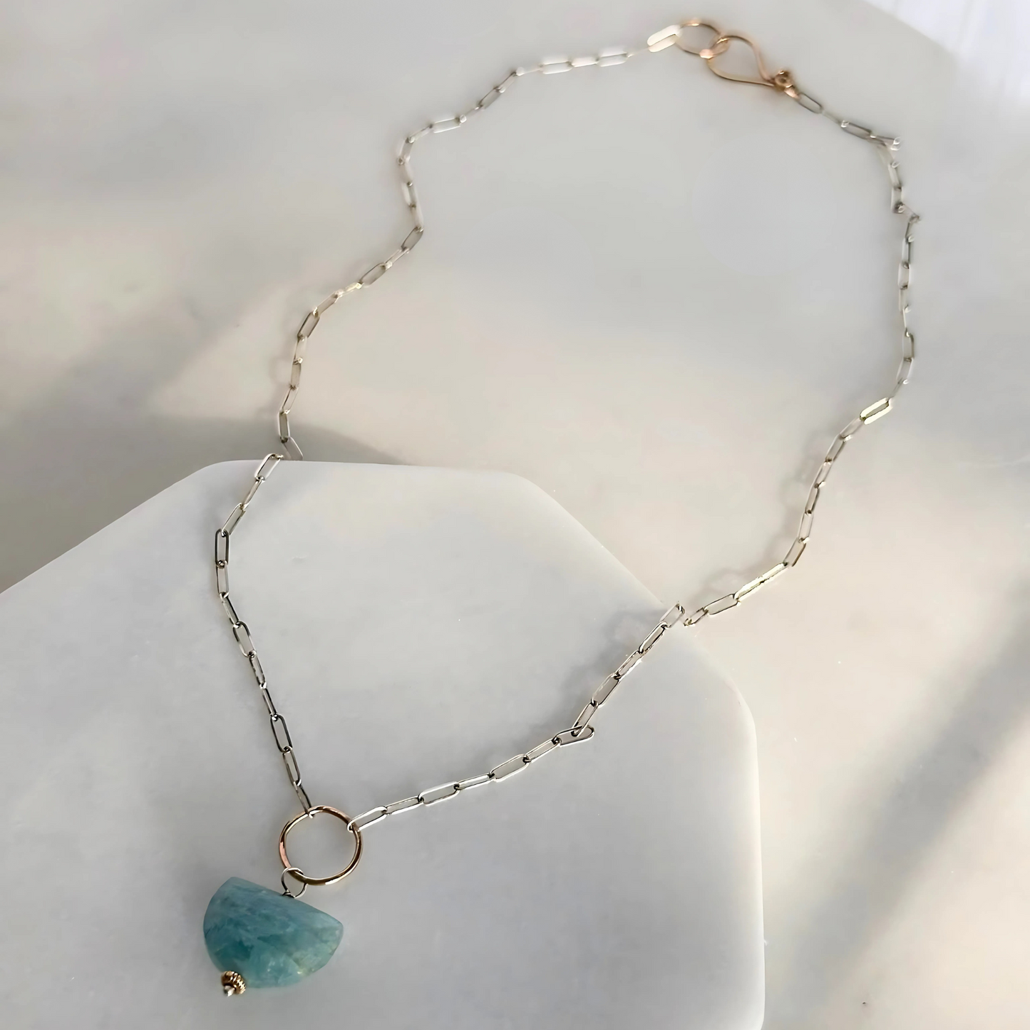 Ocean Serenity - Aquamarine Sterling Silver and Gold Hoop Necklace