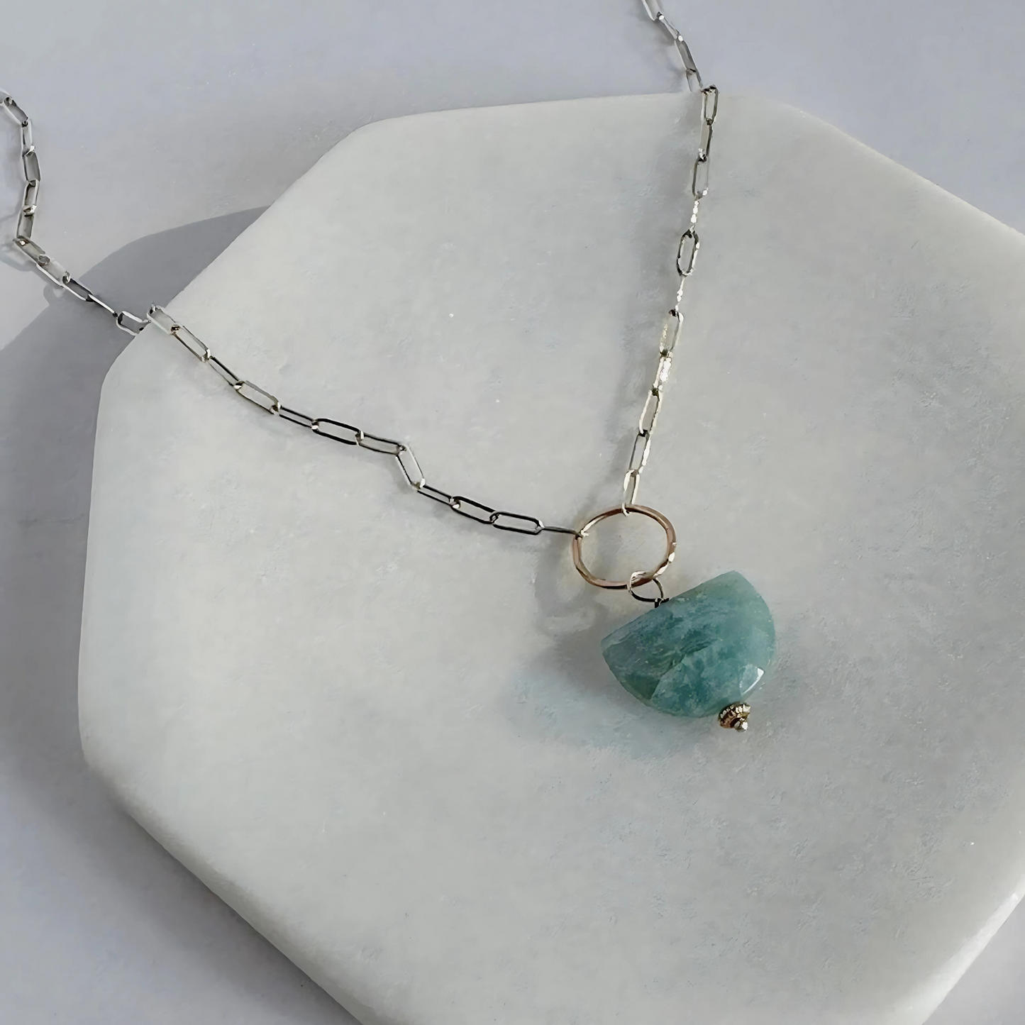 Ocean Serenity - Aquamarine Sterling Silver and Gold Hoop Necklace