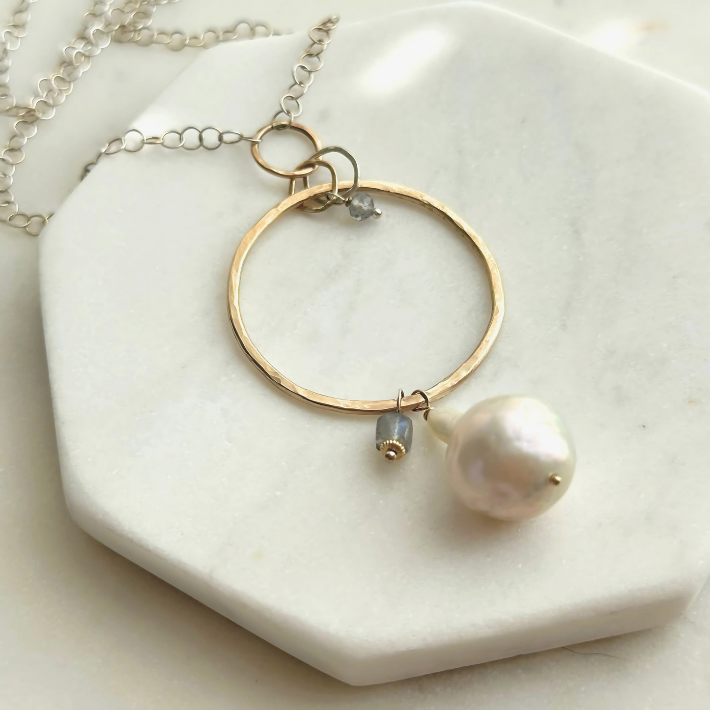 A Drop of Wisdom - Freshwater Pearl and Labradorite Silver and Gold Necklace