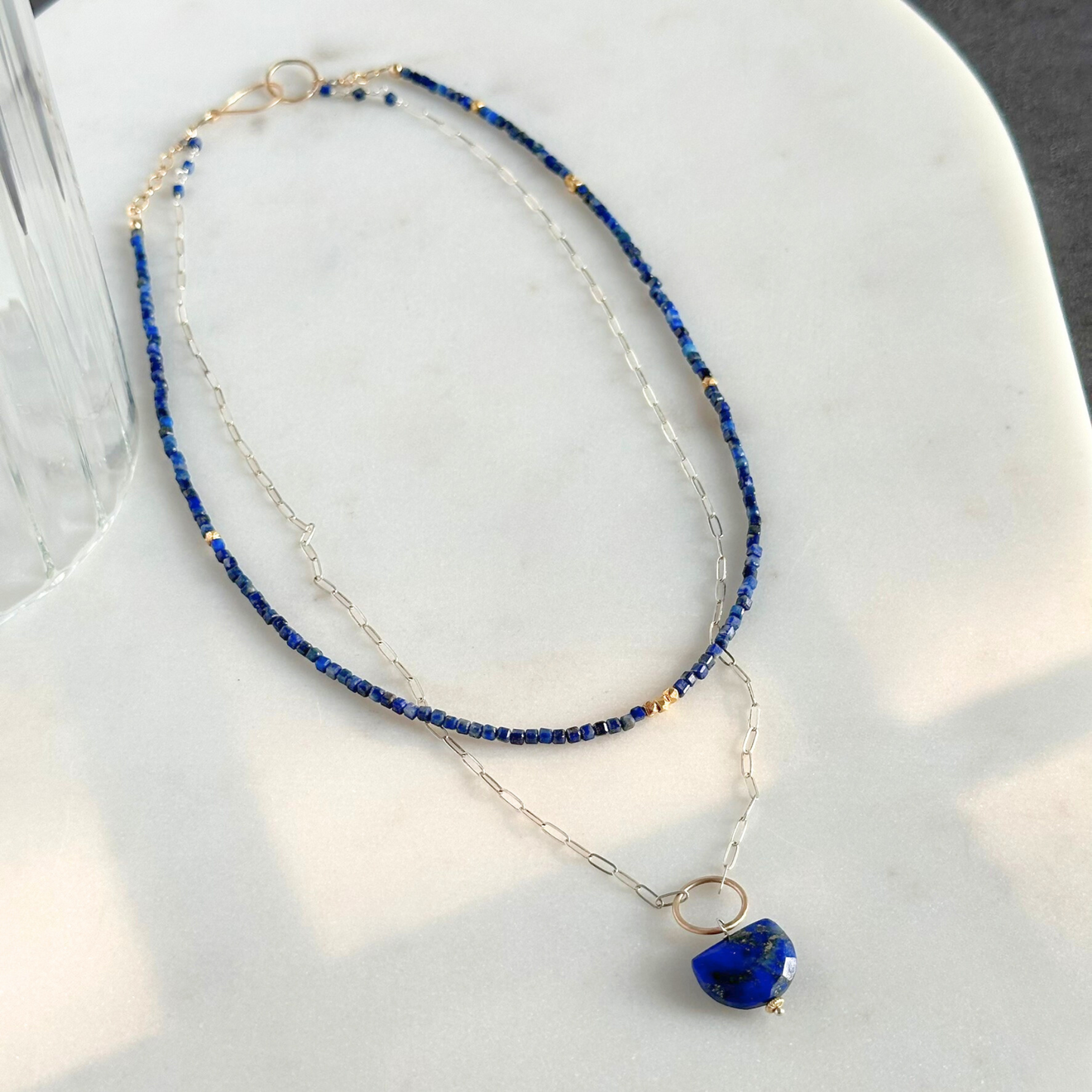 Anchored Harmony - Sterling Silver Layered Double Strand Lapis Necklace