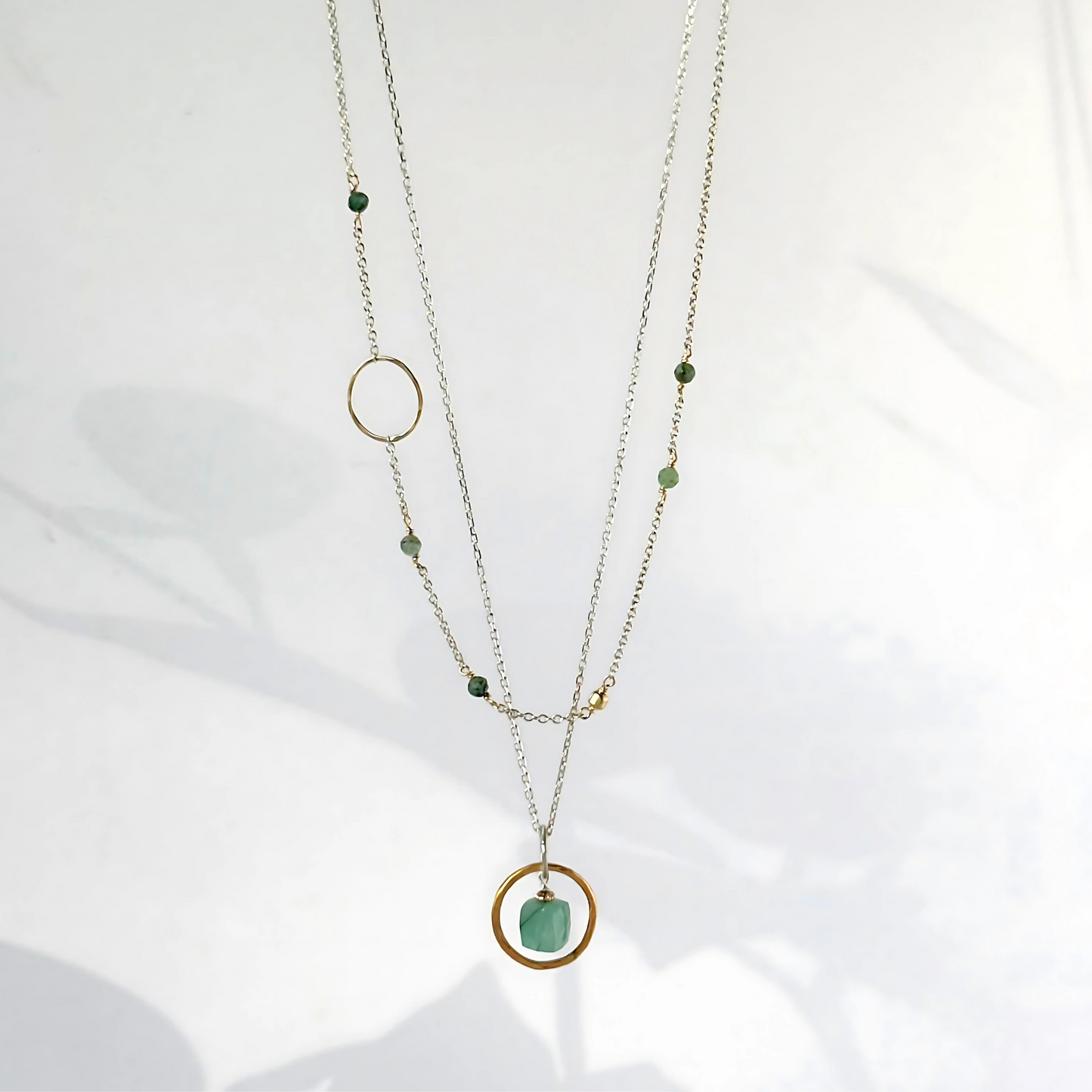 Inspired Serenity - Layered Emerald Sterling Silver and Gold Hoop Necklace