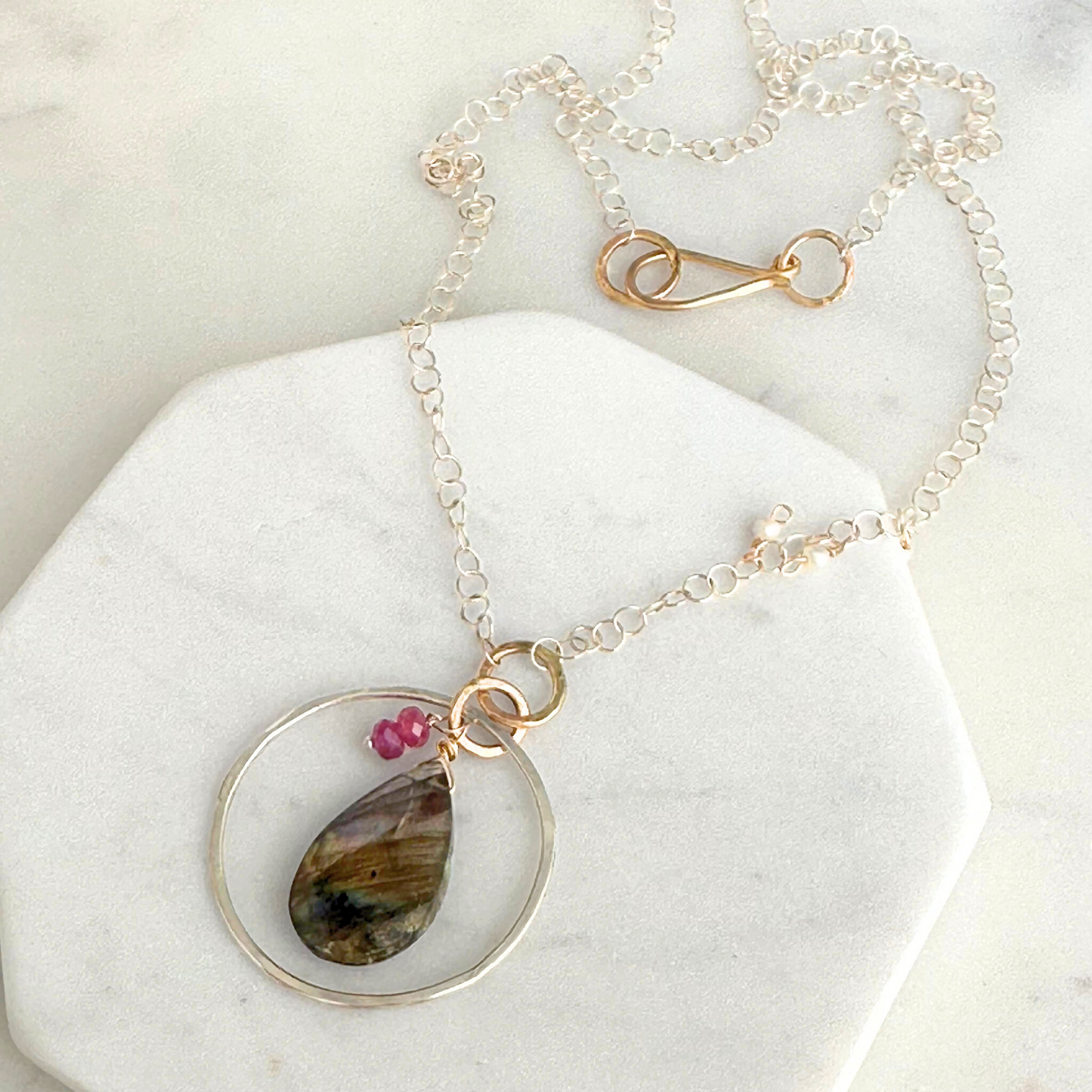 Radiant Insight - Sterling Silver Labradorite & Ruby Necklace