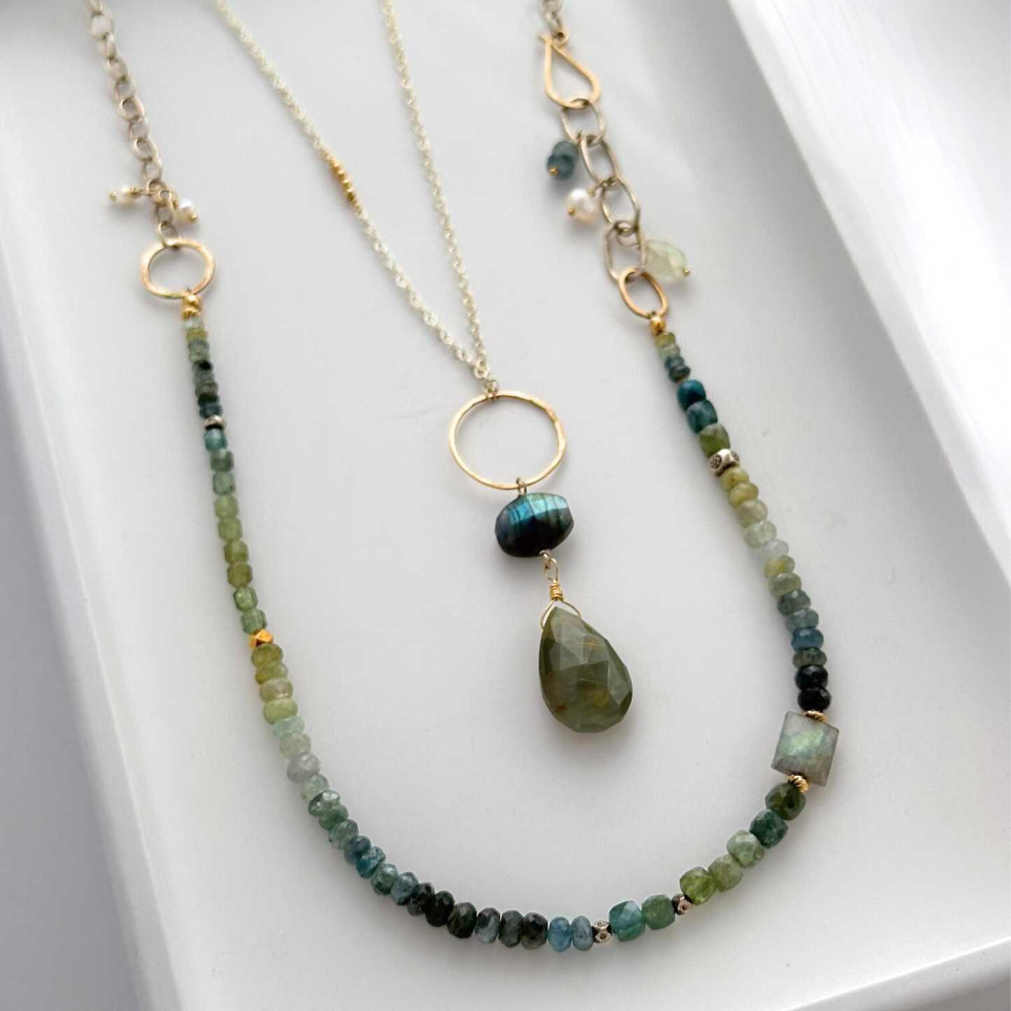 Rooted in Radiance - Sterling Silver Chain and Moss Aquamarine & Labradorite Necklace