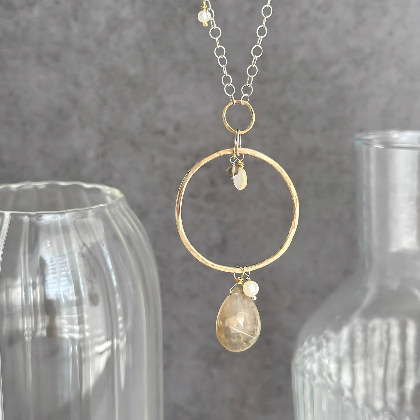Anchored in Connection - Rutilated Quartz and Pearl Silver and Gold Necklace