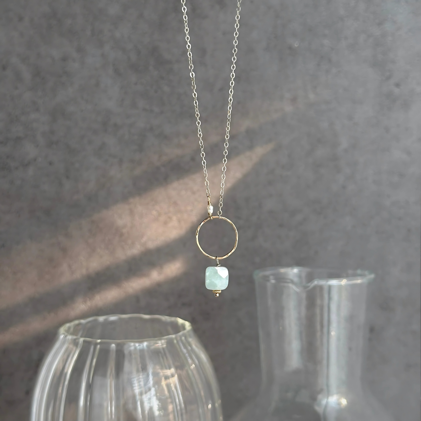 Bonded by Light - Dainty Aquamarine Sterling Silver and Gold Hoop Necklace