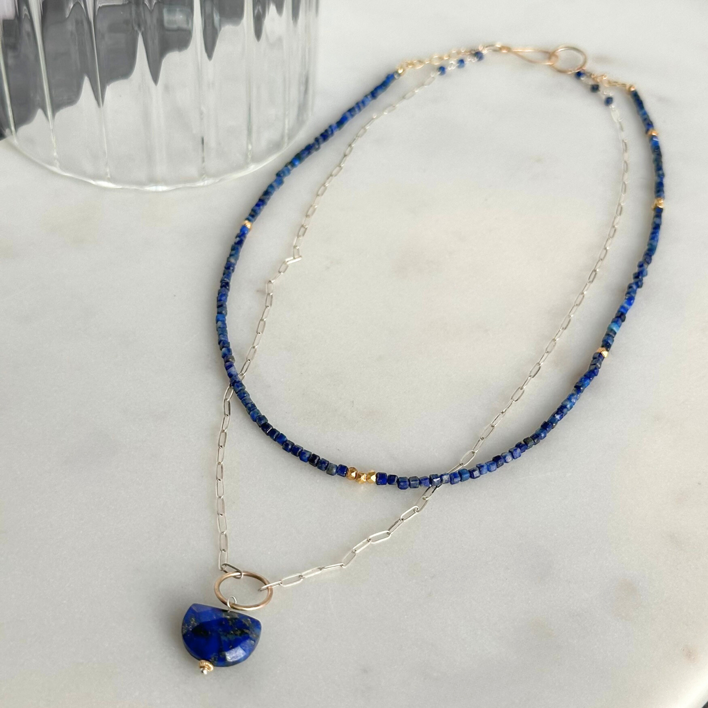 Anchored Harmony - Sterling Silver Layered Double Strand Lapis Necklace