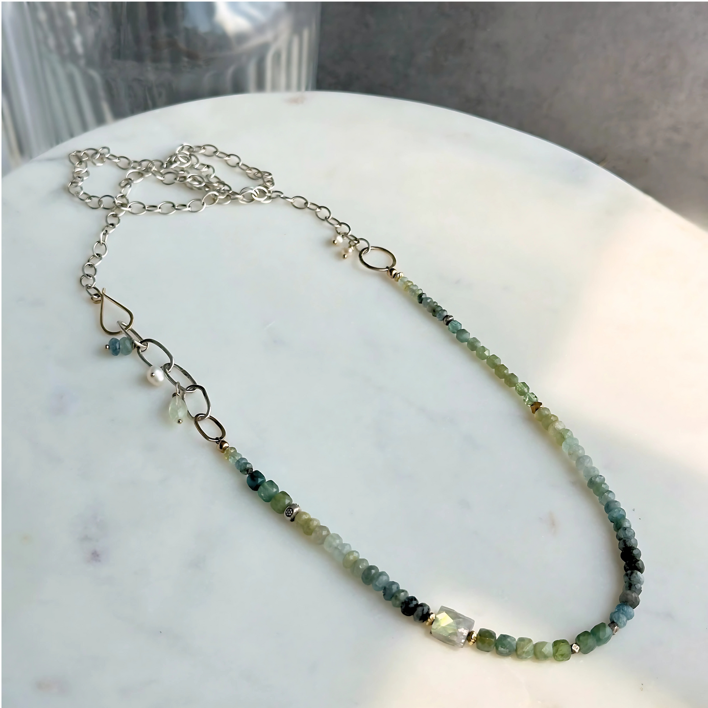 Rooted in Radiance - Sterling Silver Chain and Moss Aquamarine & Labradorite Necklace
