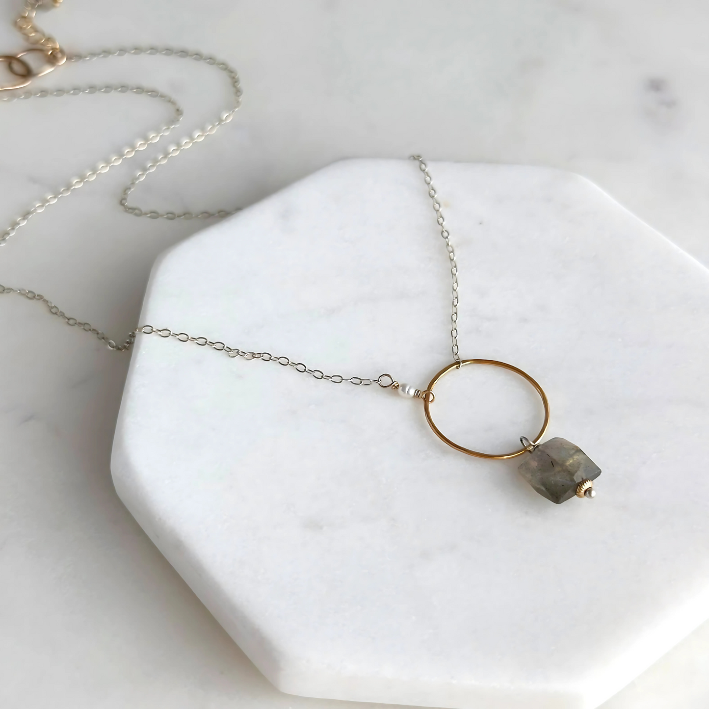 Radiant Balance - Sterling Silver, Labradorite and Pearl Hoop Necklace