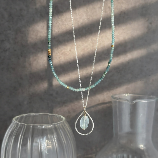 Ocean Blue - Layered Blue Tourmaline and Aquamarine Sterling Silver and Gold Necklace