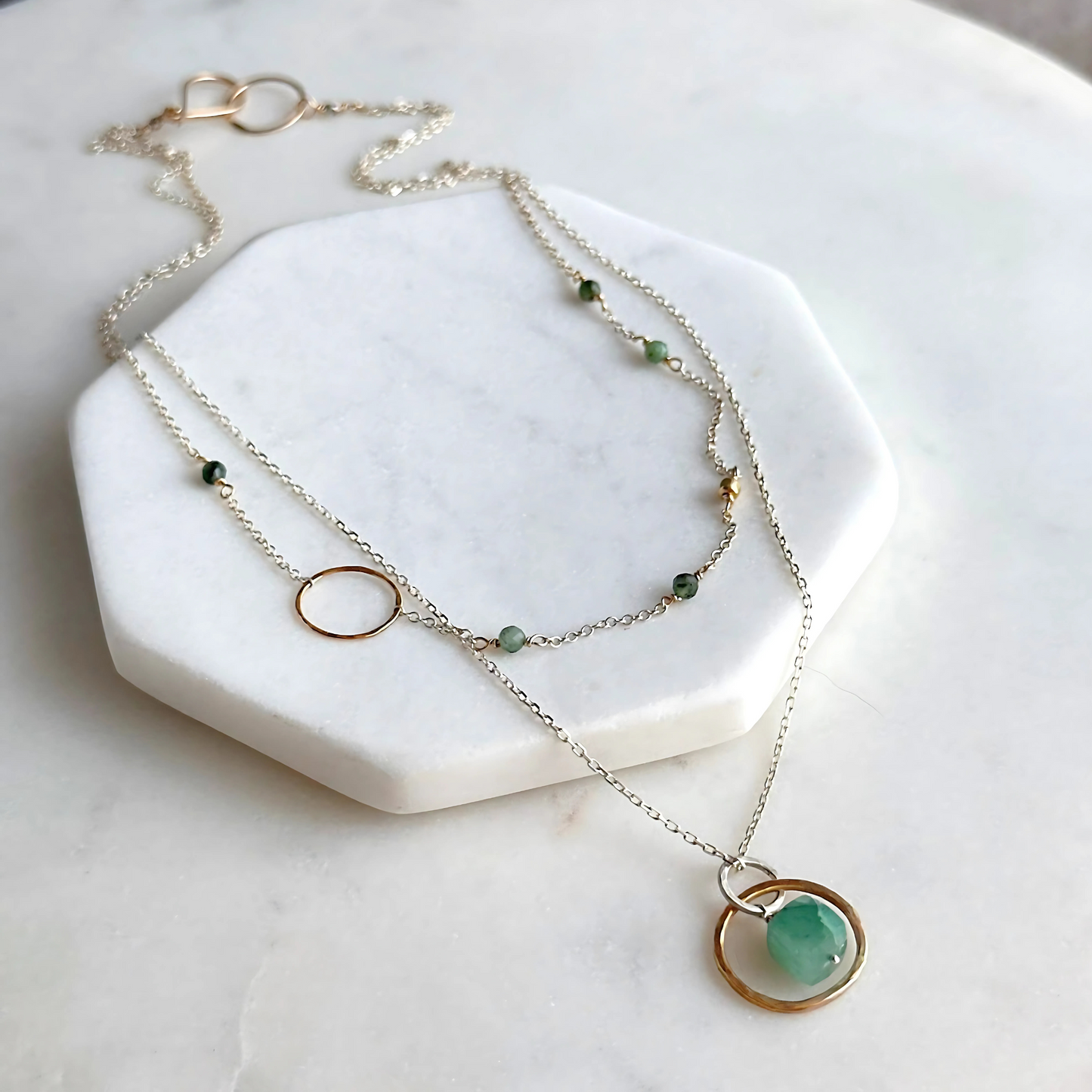 Inspired Serenity - Layered Emerald Sterling Silver and Gold Hoop Necklace