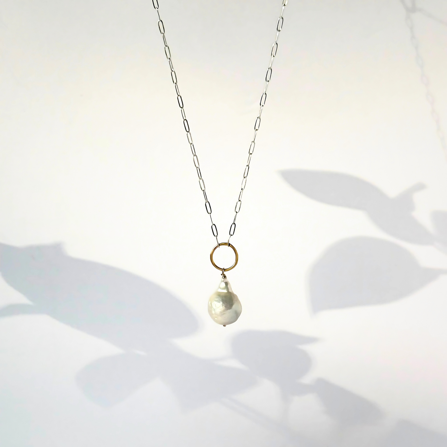 Elegant Whisper - Sterling Silver and Gold Hoop Freshwater Pearl Necklace