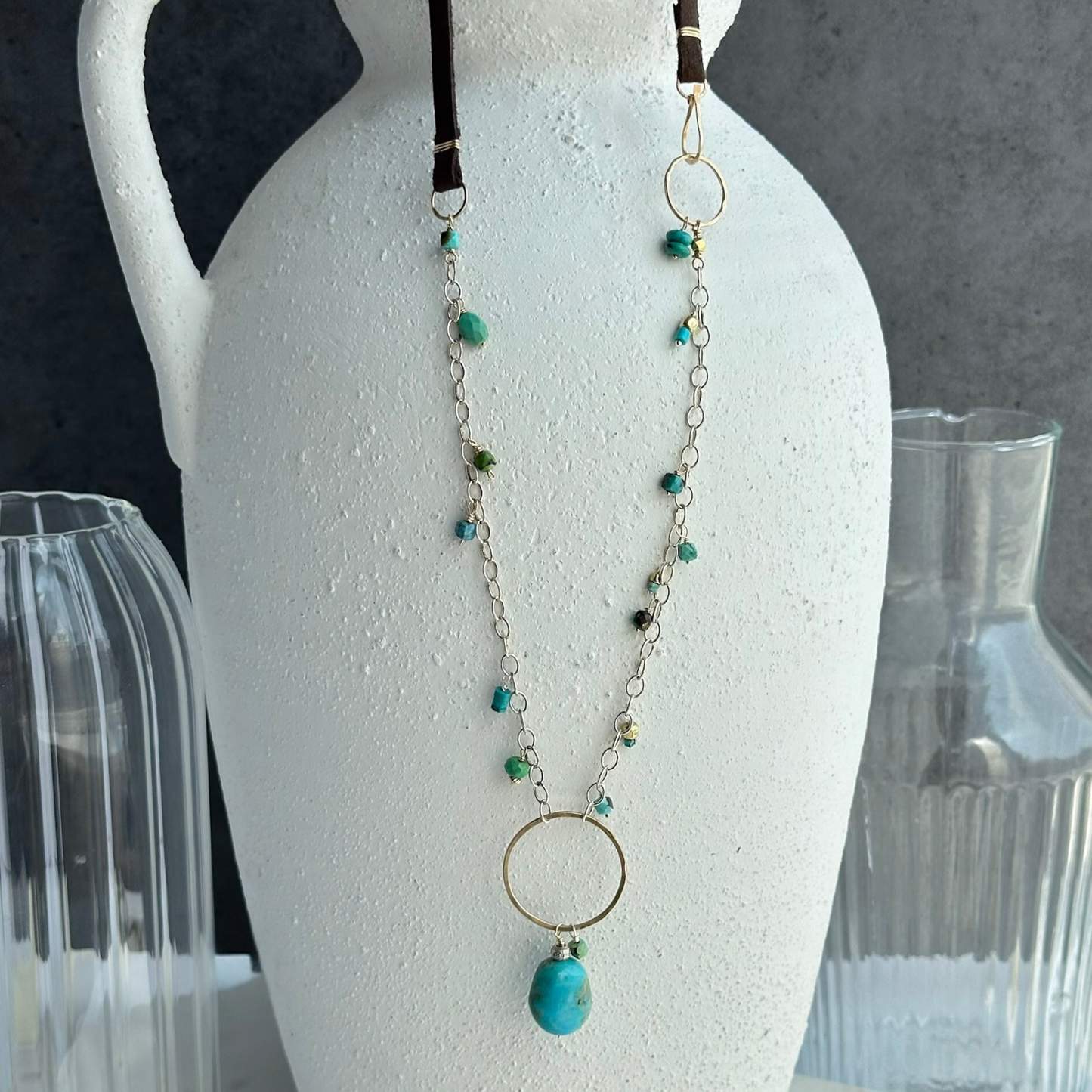 True North - Boho Leather and Sterling Silver and Turquoise Necklace