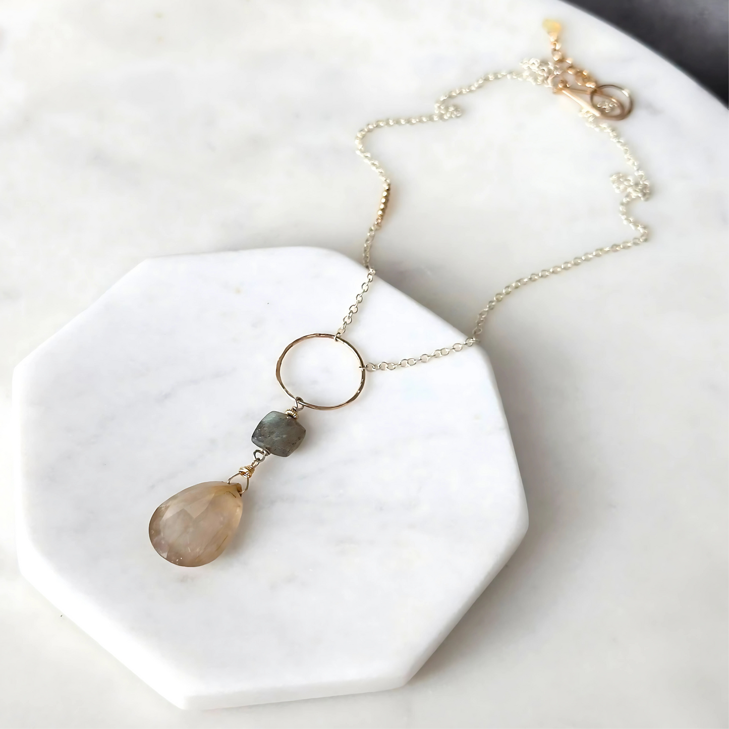 Golden Light Lariat - Sterling Silver Labradorite & Rutilated Quartz Lariat Necklace