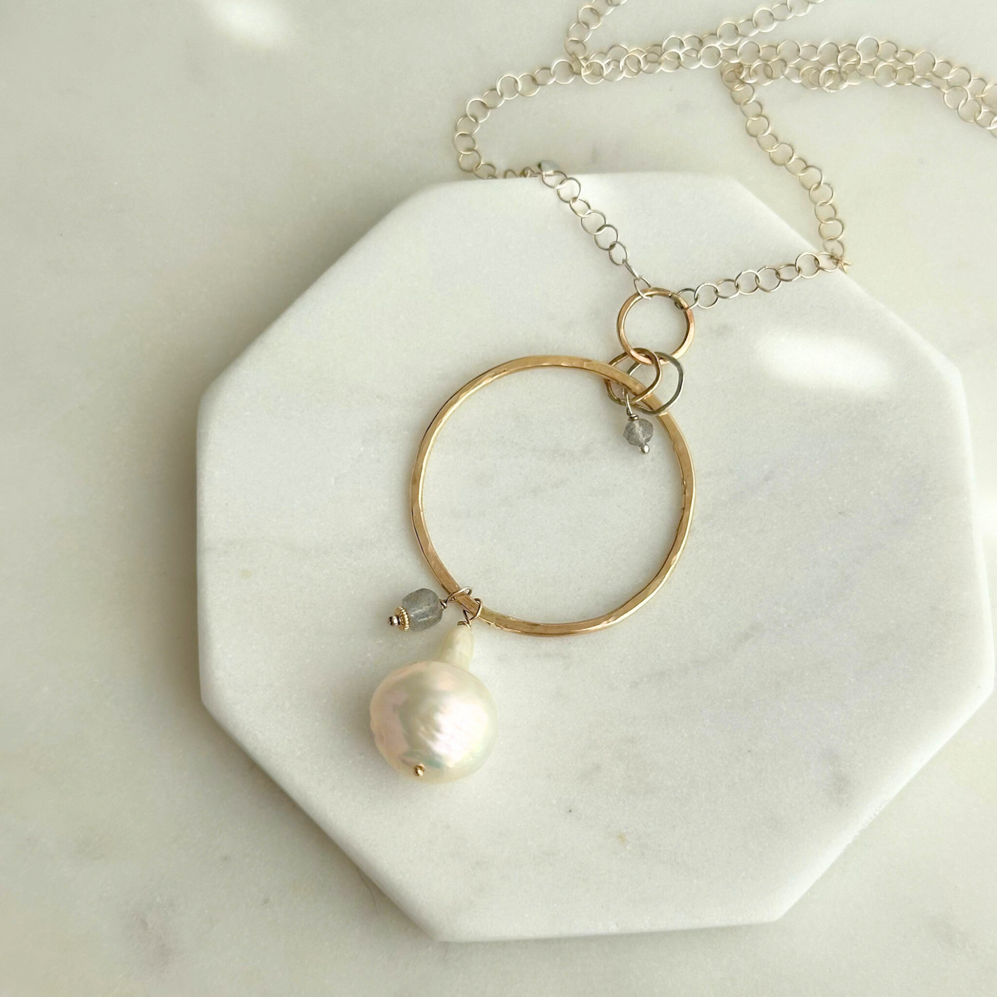 A Drop of Wisdom - Freshwater Pearl and Labradorite Silver and Gold Necklace