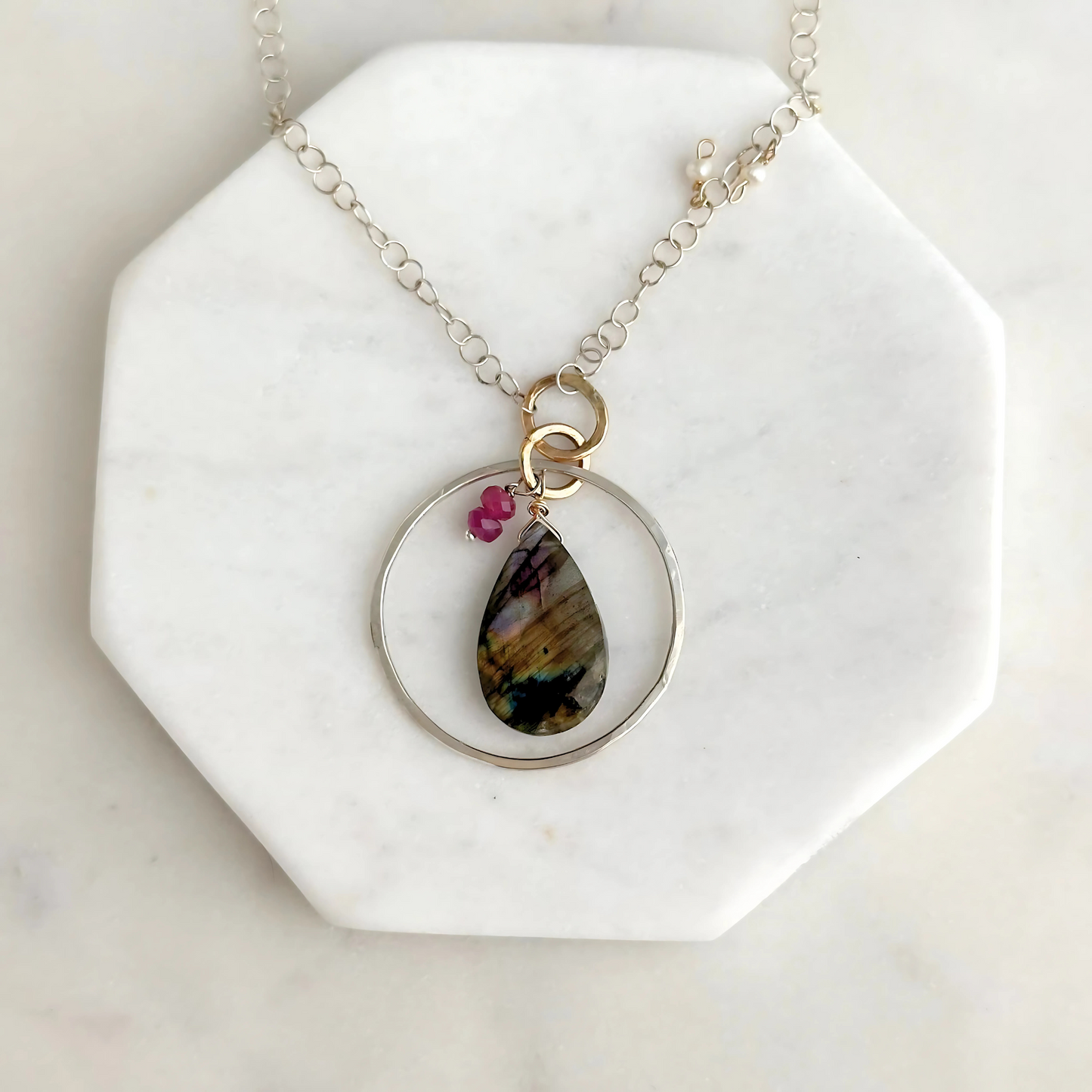 Radiant Insight - Sterling Silver Labradorite & Ruby Necklace