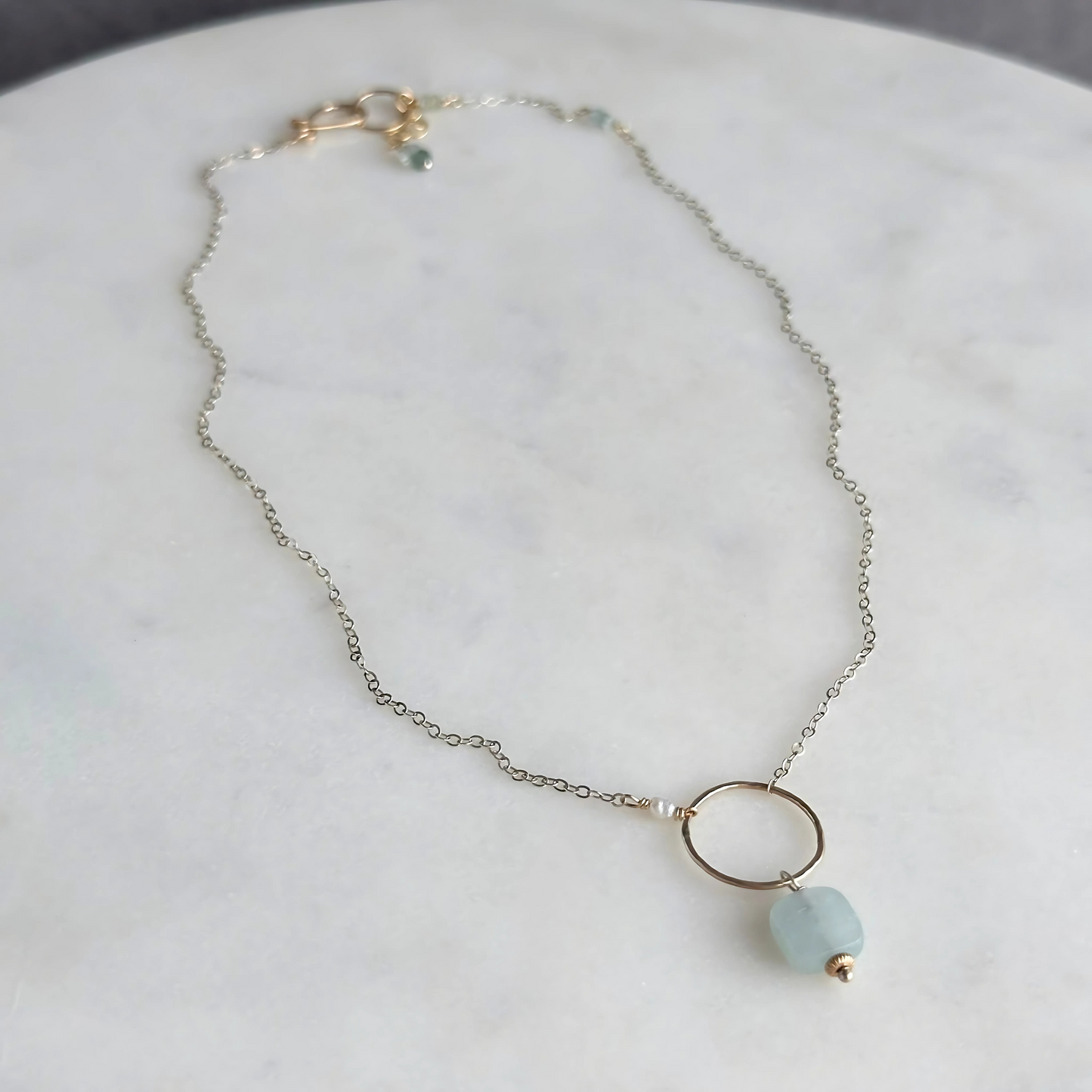 Bonded by Light - Dainty Aquamarine Sterling Silver and Gold Hoop Necklace