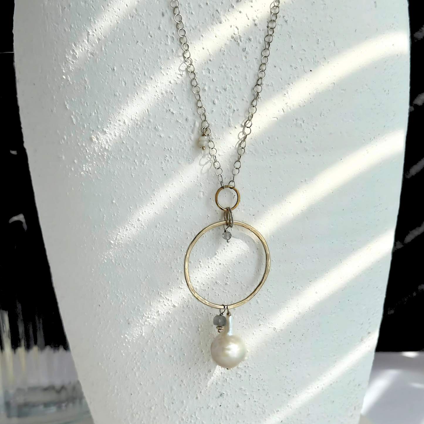 A Drop of Wisdom - Freshwater Pearl and Labradorite Silver and Gold Necklace