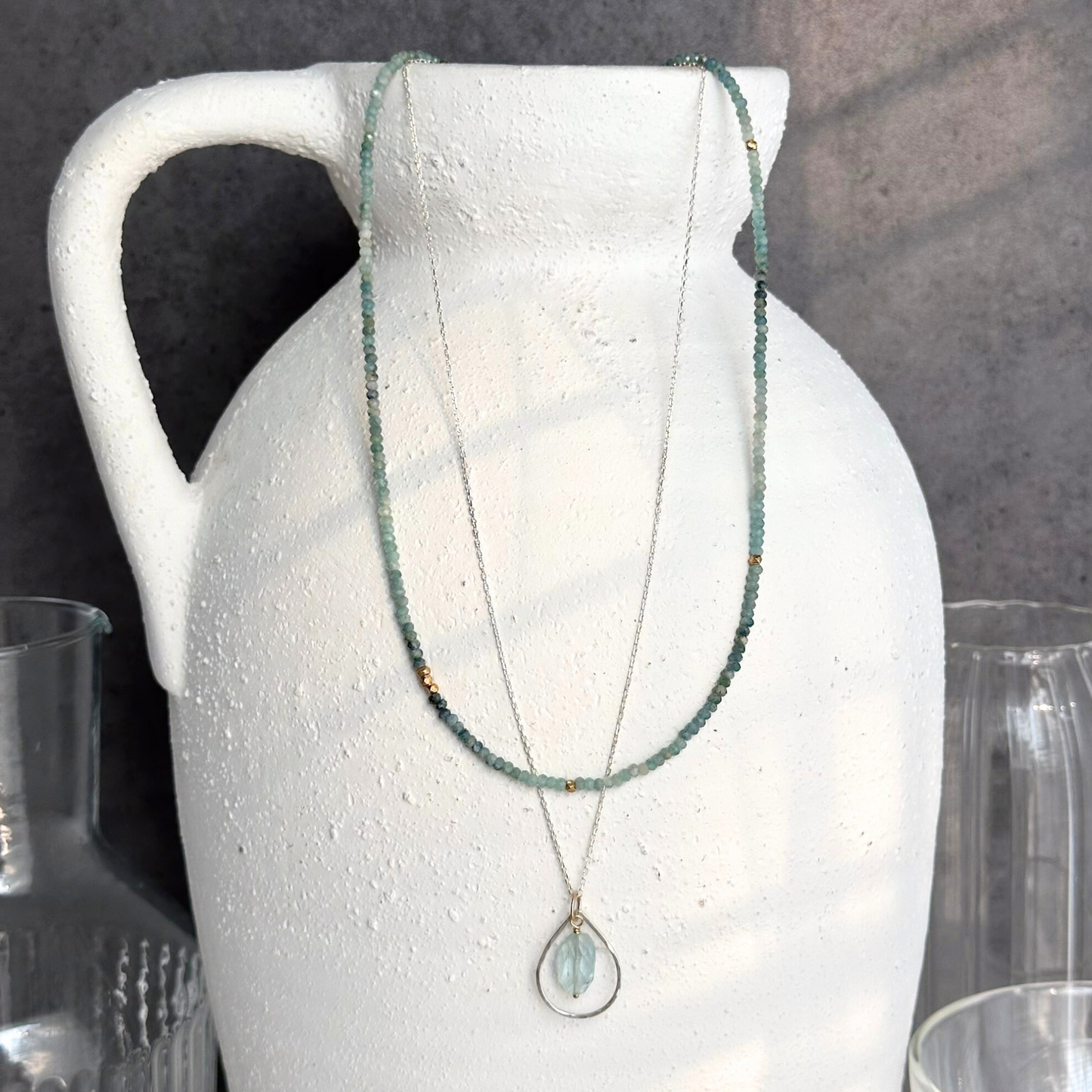 Ocean Blue - Layered Blue Tourmaline and Aquamarine Sterling Silver and Gold Necklace