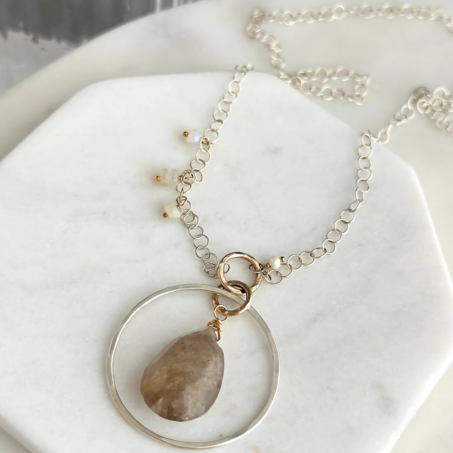 Sacred Light - Sterling Silver and Rutilated Quartz and Opal Necklace