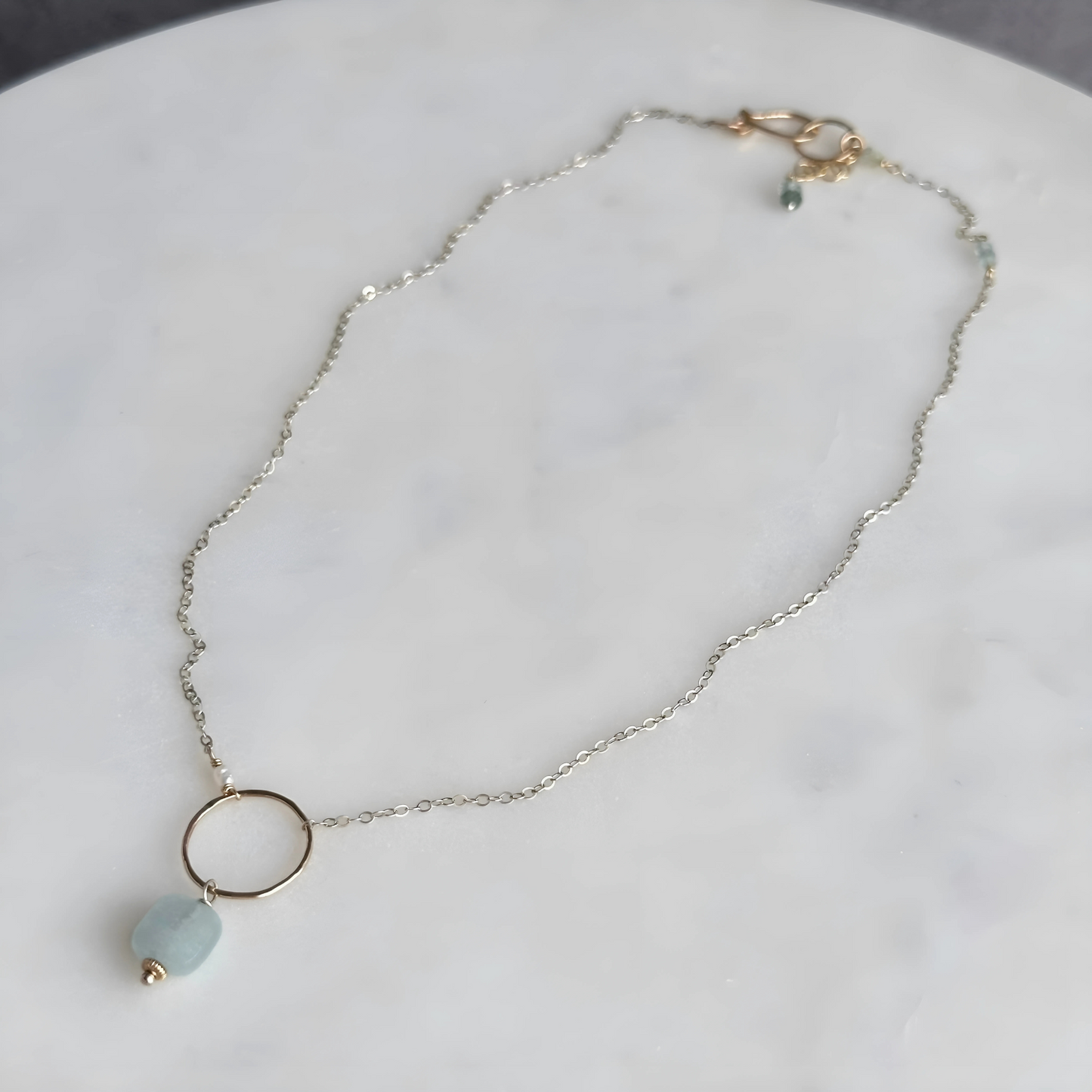 Bonded by Light - Dainty Aquamarine Sterling Silver and Gold Hoop Necklace