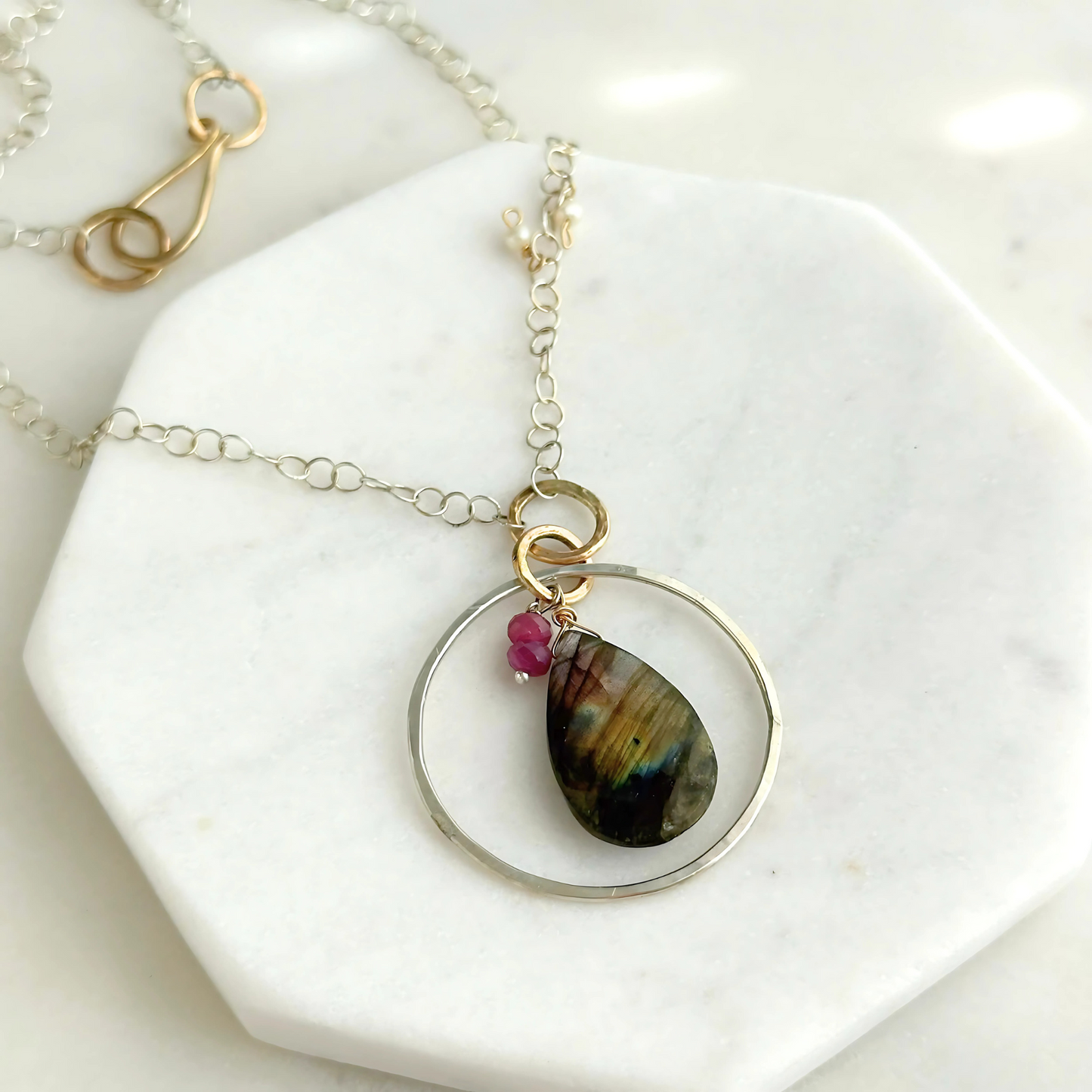 Radiant Insight - Sterling Silver Labradorite & Ruby Necklace