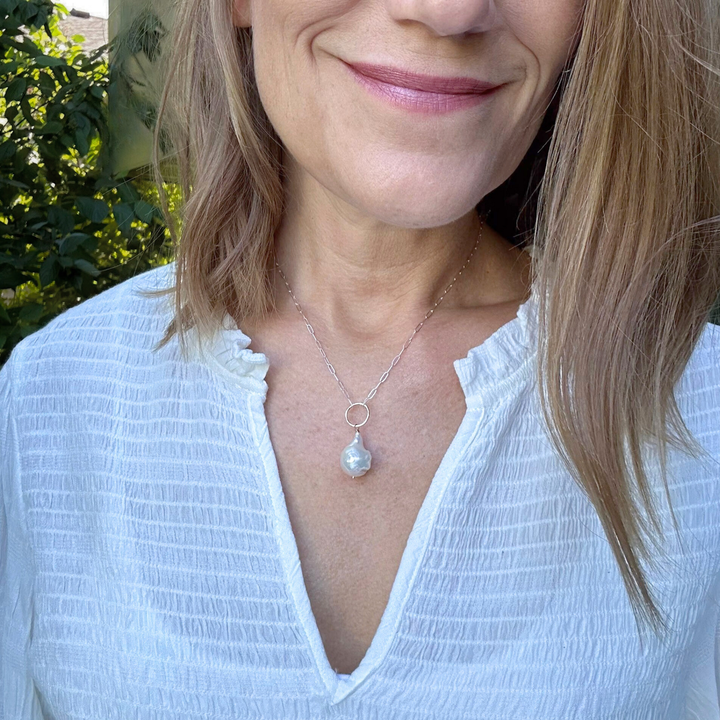 Elegant Whisper - Sterling Silver and Gold Hoop Freshwater Pearl Necklace