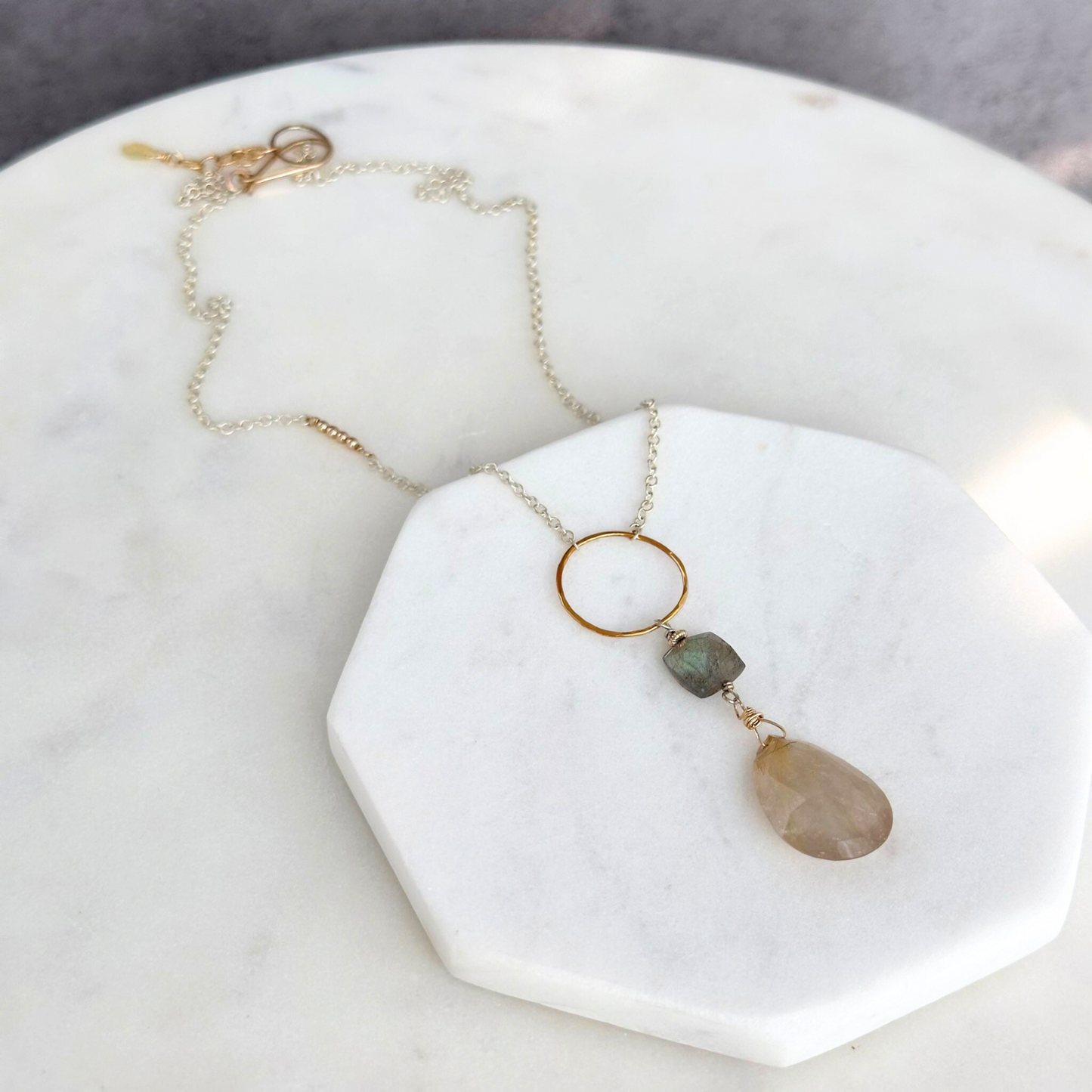 Golden Light Lariat - Sterling Silver Labradorite & Rutilated Quartz Lariat Necklace