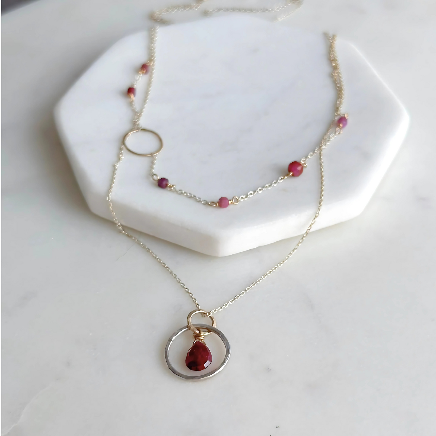 Ruby Radiance - Layered Ruby and Sterling Silver and Gold Necklace