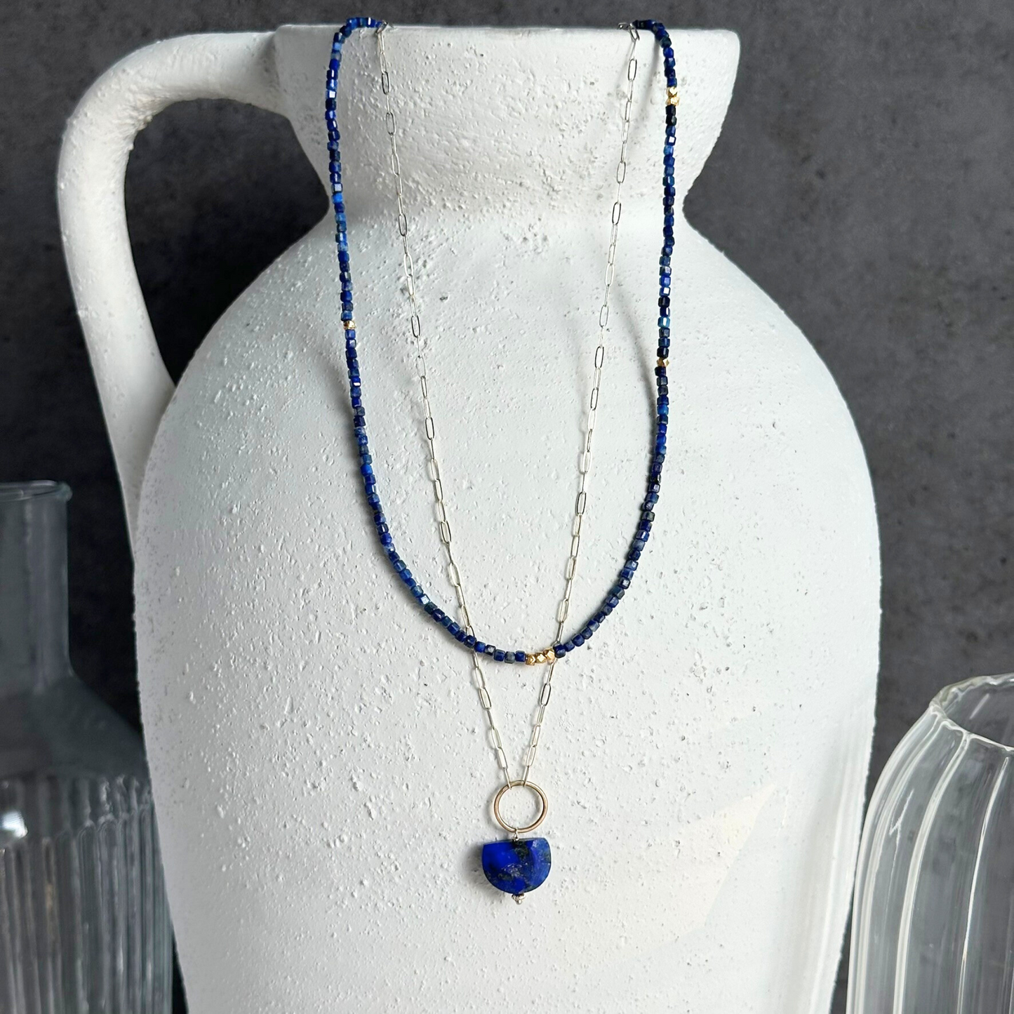Anchored Harmony - Sterling Silver Layered Double Strand Lapis Necklace