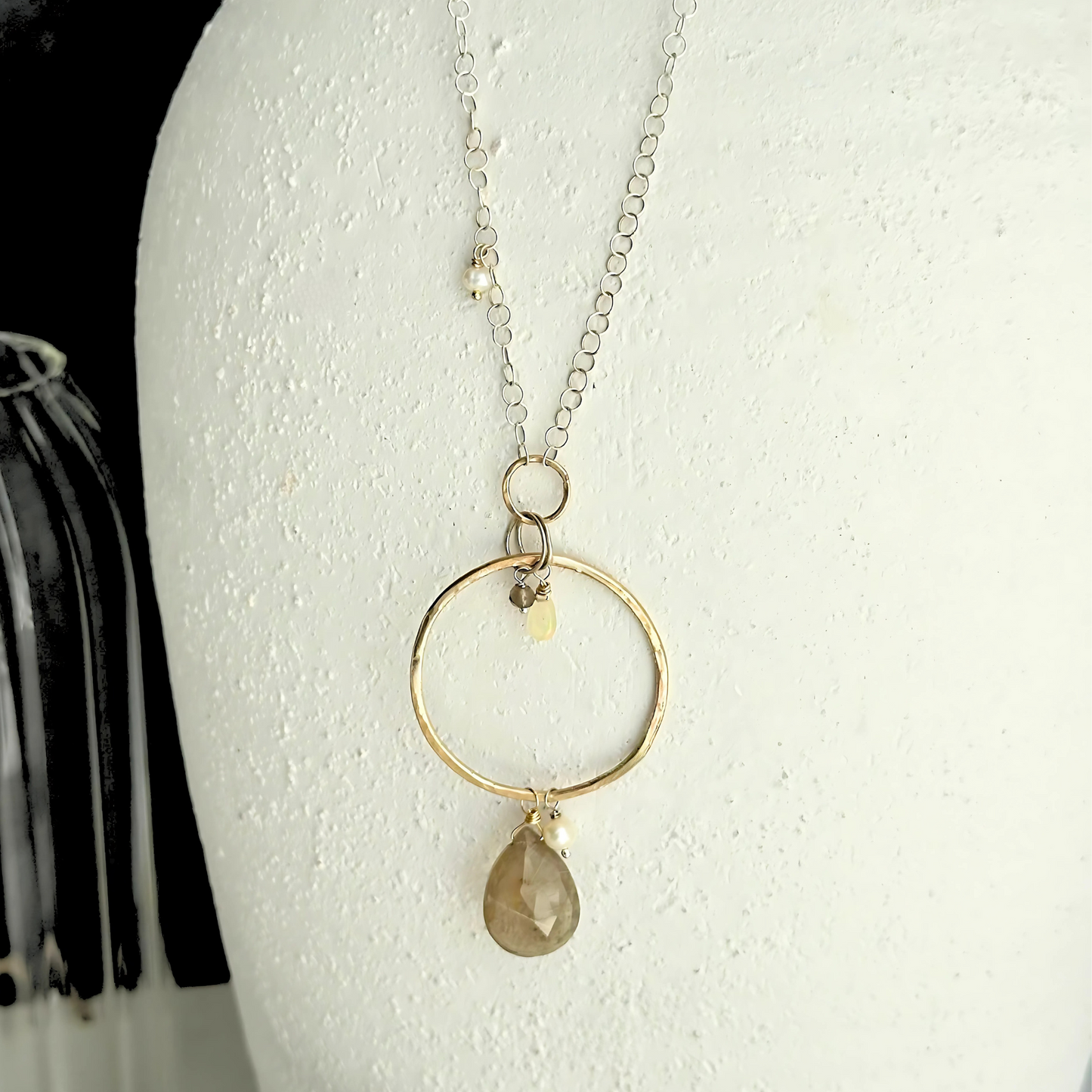 Anchored in Connection - Rutilated Quartz and Pearl Silver and Gold Necklace